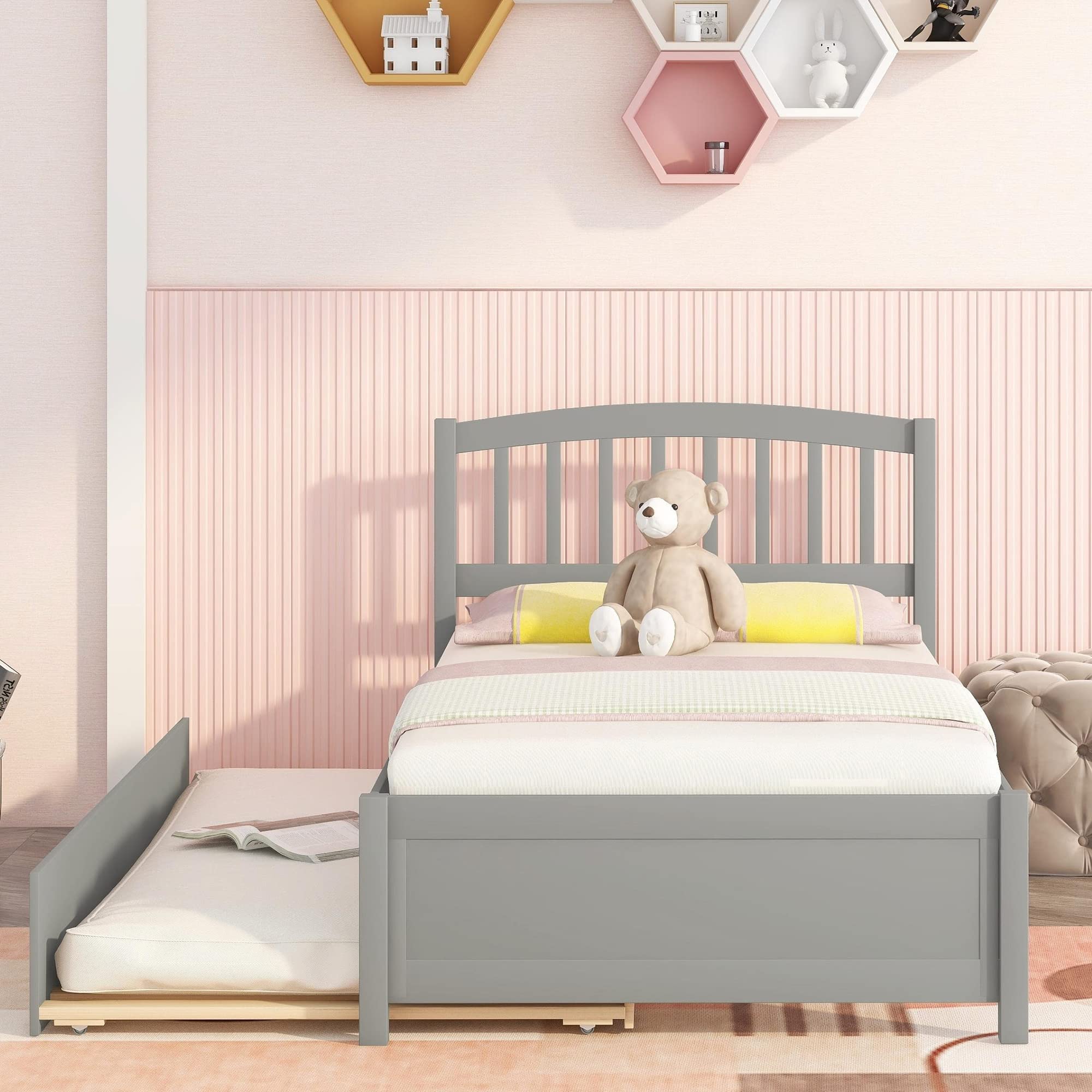 Harper & Bright Designs Twin Size Wooden Platform Bed with Headboard & Trundle - Sturdy Kids Bed Frame in Grey | Perfect for Small Bedrooms, Guest Rooms & Children's Sleep Space