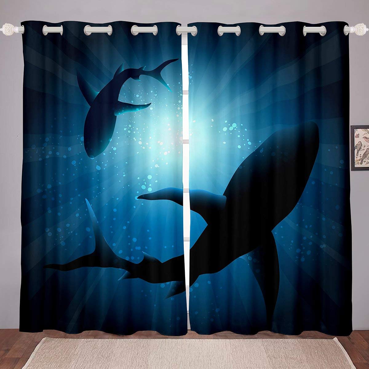 Shark Window Curtains Blue Ocean Sea Marine Life Underwater Fish Design - Blackout Thermal Insulated Room Darkening Drapes for Kids Boys Girls Teens Bedroom (76x45 inches) - Perfect for Nursery, Playroom & Coastal Themed Decor