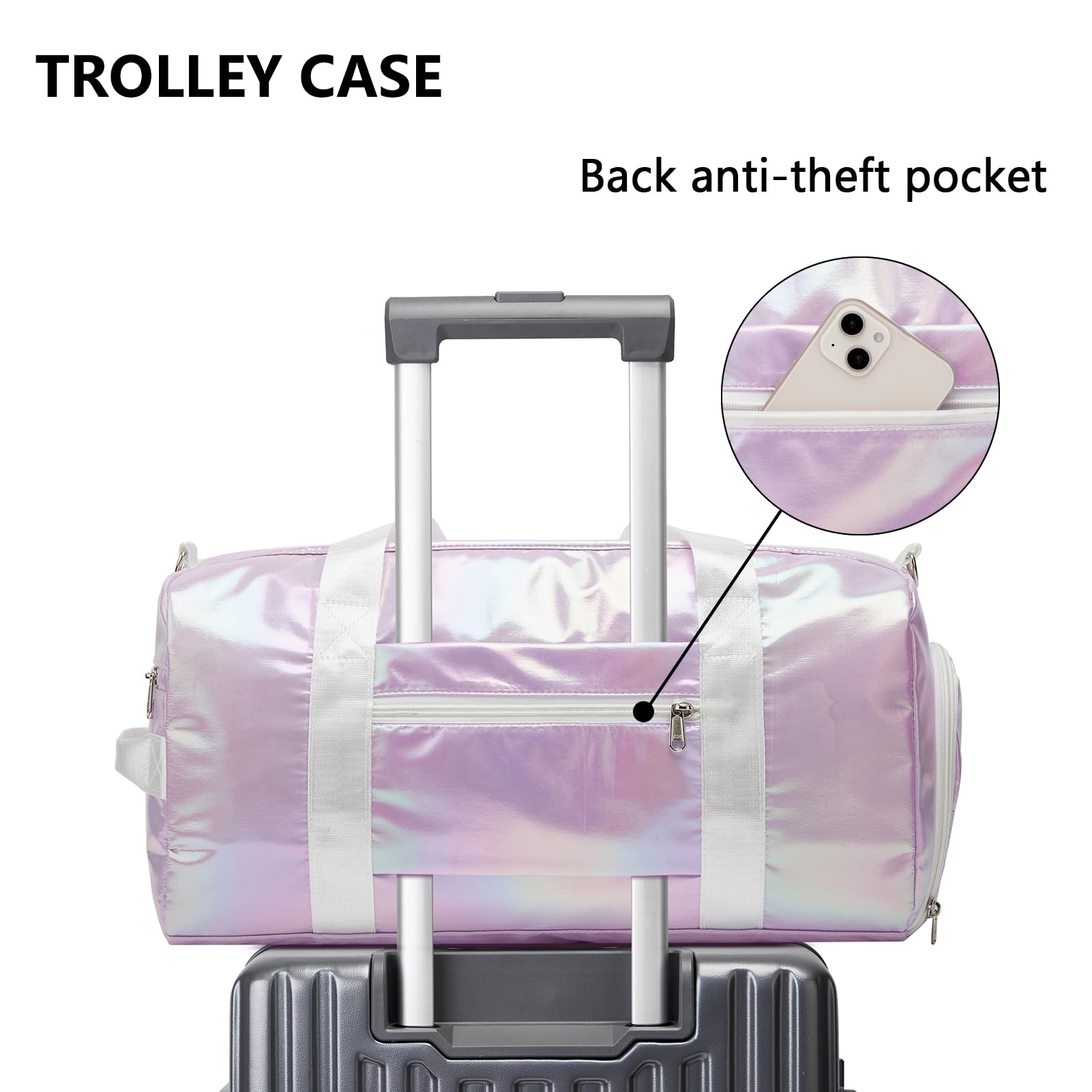 ZHIERNA Women's Shimmery Waterproof Gym Dance Duffle Bag with Shoes Compartment & Wet Dry Pocket - Purple Nylon Travel Duffel for Sports, Yoga, Workout & Weekend Getaways
