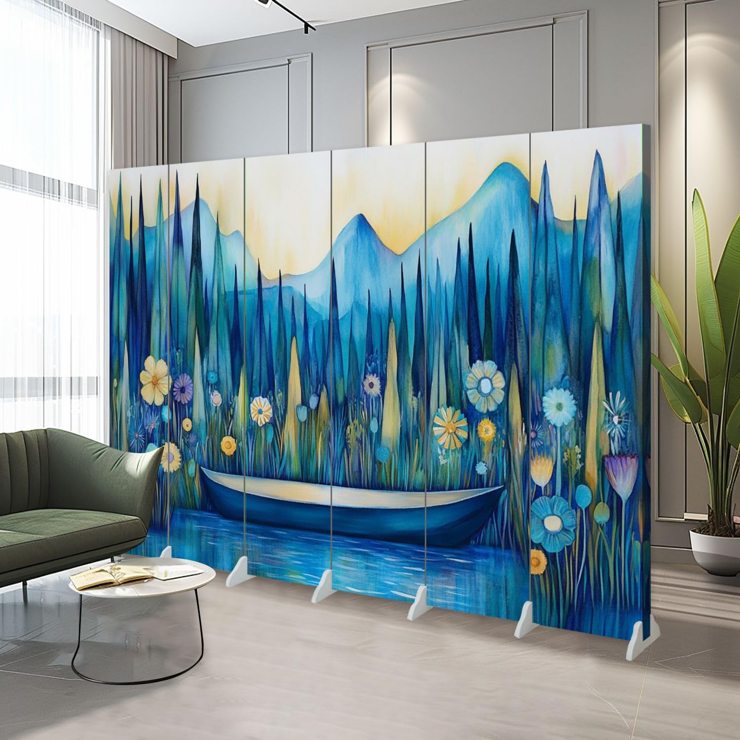 6-Panel Folding Room Divider - Sky Nature Landscape with Boat, Mountains & Flowers - Freestanding Canvas Privacy Screen for Home Office, Bedroom & Living Room - Indoor Partition & Protective Wall Separator