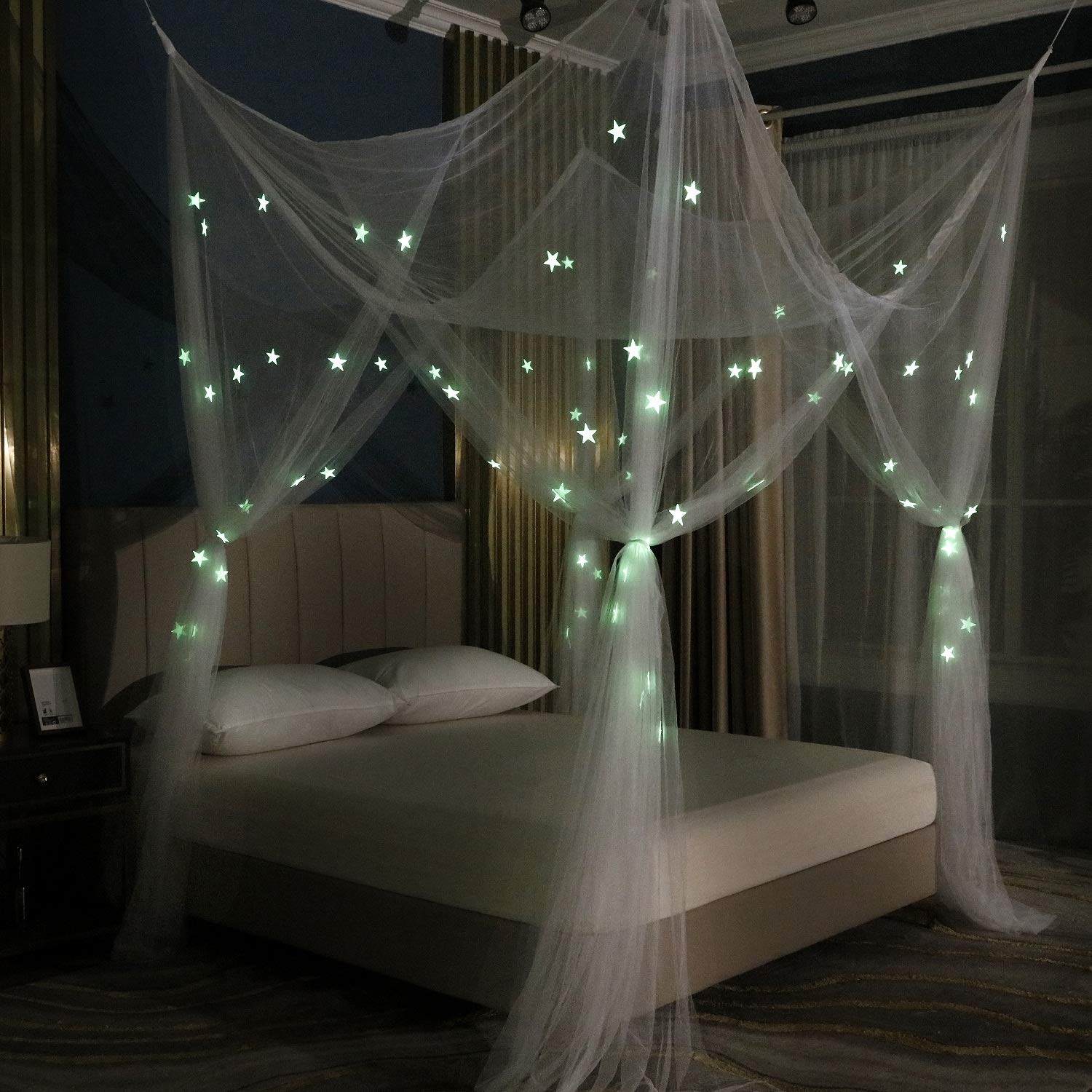 OctoRose Glow in The Dark 4-Poster Bed Canopy with Stars - White Hanging Mosquito Net for Full/Queen/King Size Beds (76