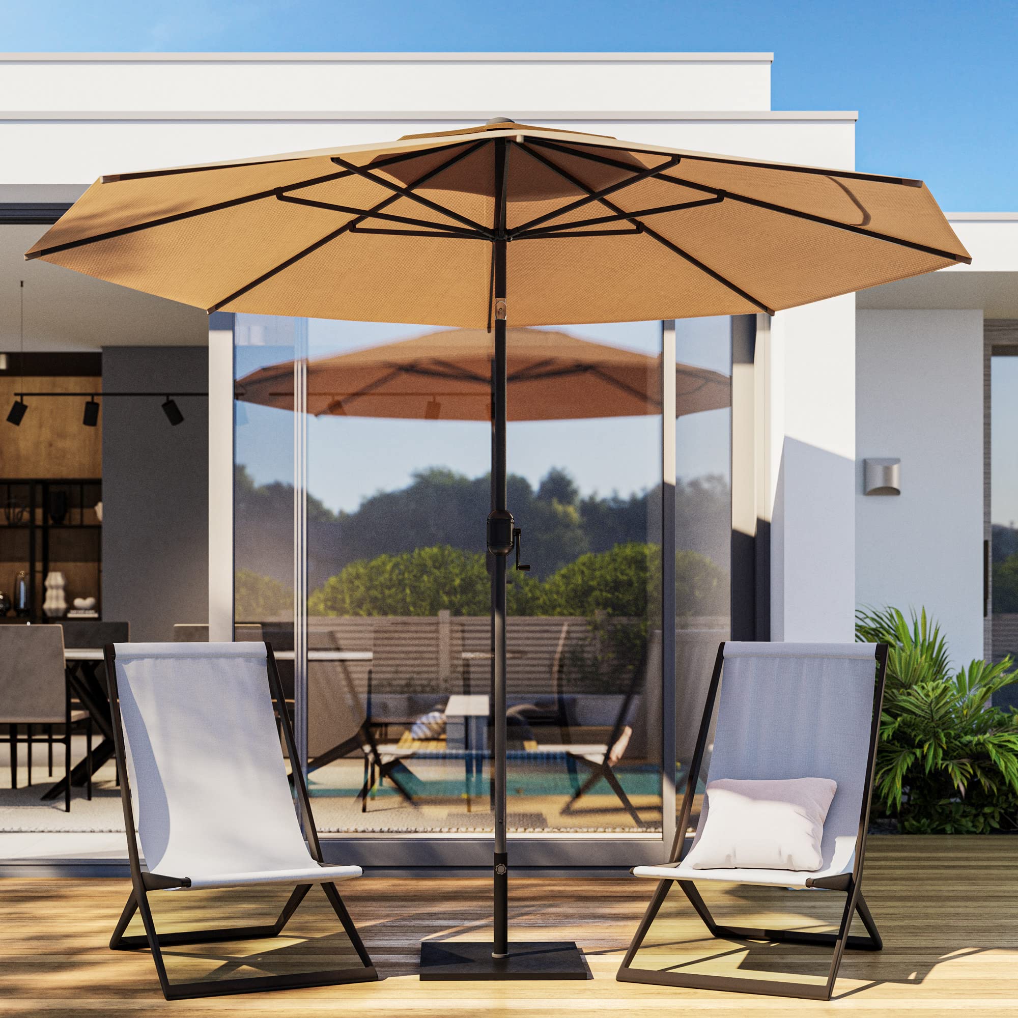 BELLEZE 9 Ft Outdoor Patio Table Umbrella with Push Button Tilt & Crank - Sunproof Beach Umbrella with 8 Sturdy Ribs for Garden, Deck, Backyard - Tan | Perfect for Poolside Lounging, Outdoor Dining, and Beach Parties