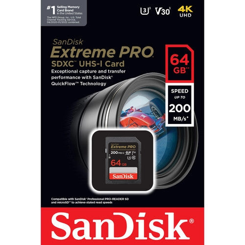 SanDisk Extreme PRO 64GB SDXC UHS-I Memory Card - 200MB/s Read Speed for DSLR Cameras, 4K Video & High-Speed Photography - Perfect for Professional Photographers & Videographers