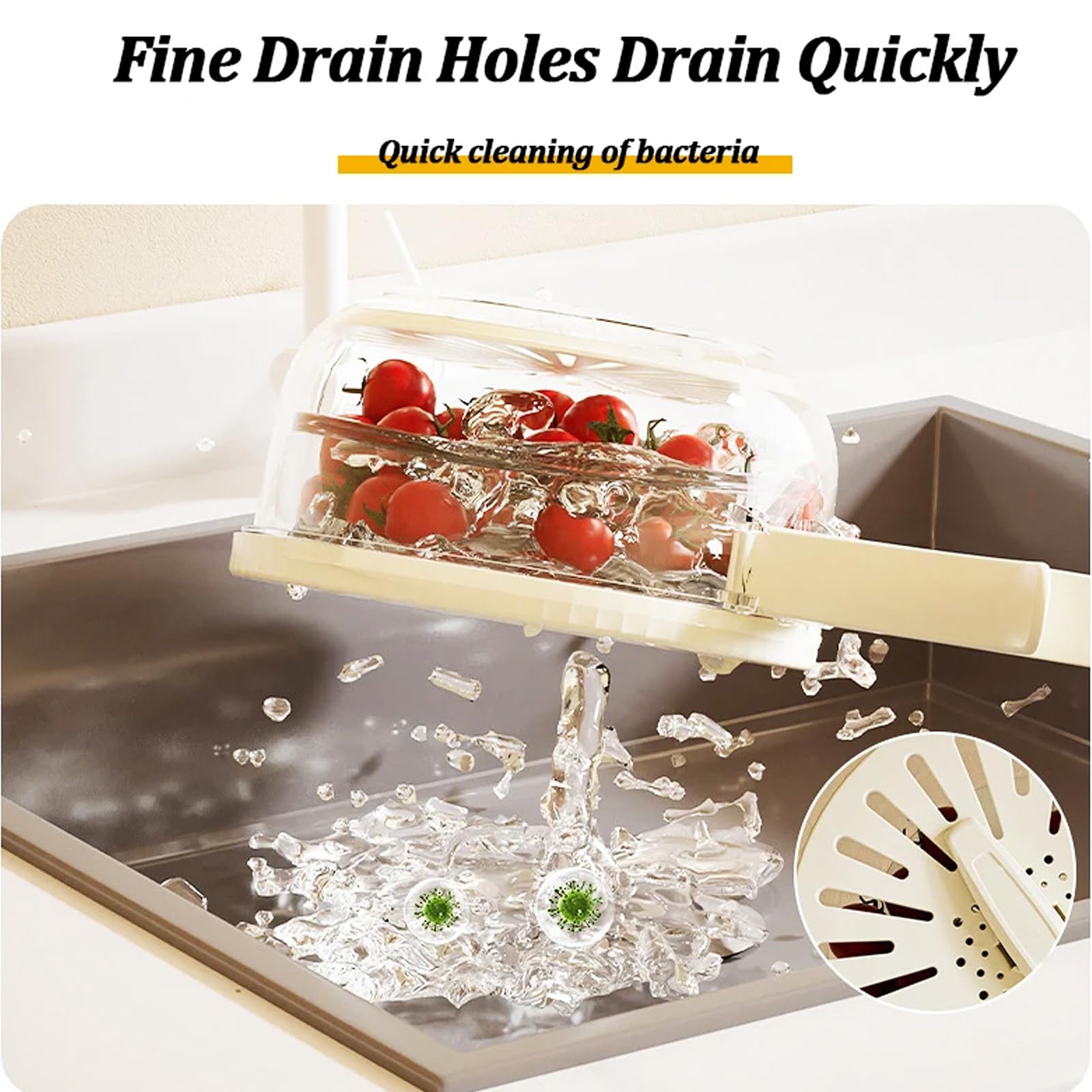 Premium Fruit Strainer Container with Lid - Multifunctional Plastic Kitchen Drain Basket for Washing Vegetables & Fruits - Foldable Handle, 2-in-1 Draining & Storage Basket (Orange) - Perfect for Salad Prep, Berry Cleaning & Kitchen Organization