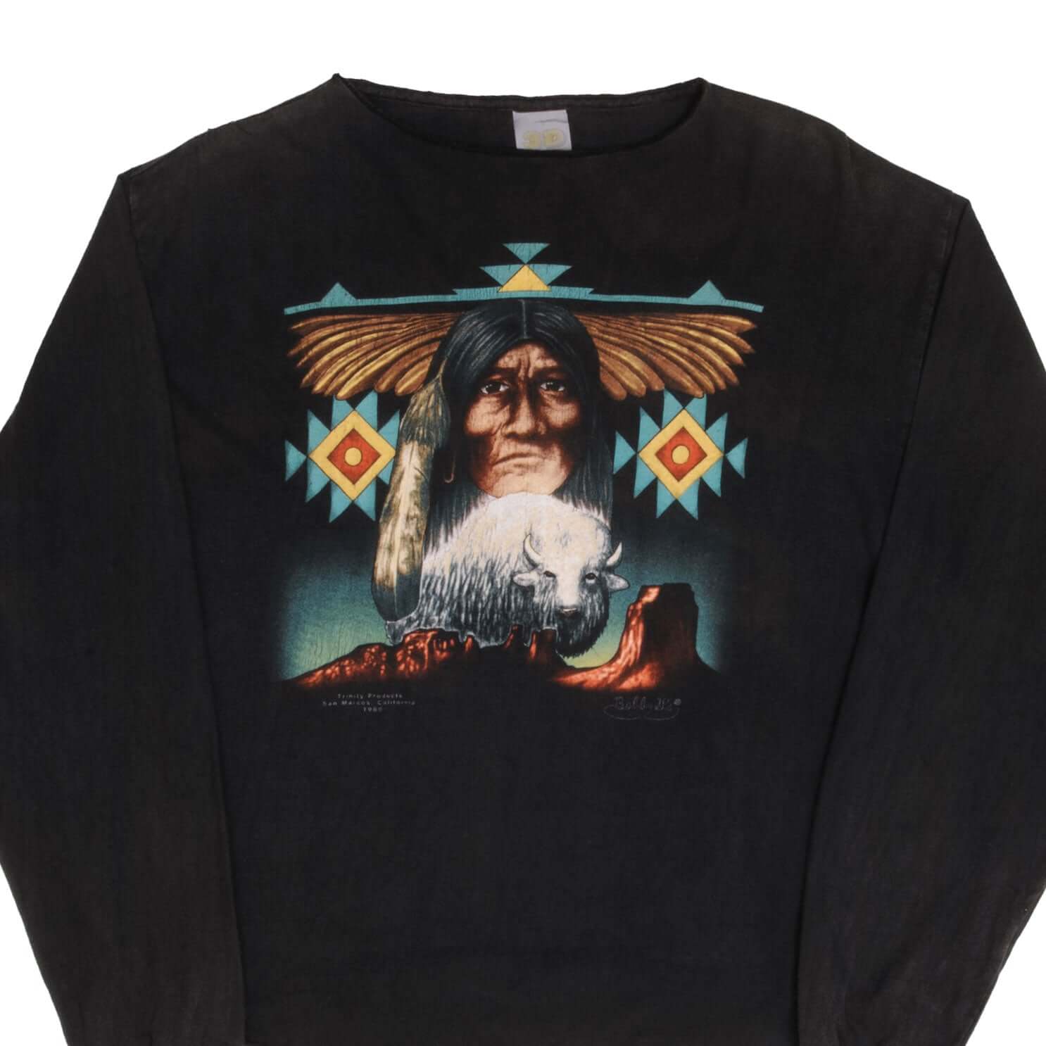 Vintage 3D Emblem Indian Cropped Long Sleeve Tee Shirt 1989 Large - Made in USA - Retro Streetwear for Men & Women - Perfect for Casual Outfits, Concerts, and Vintage Fashion Lovers