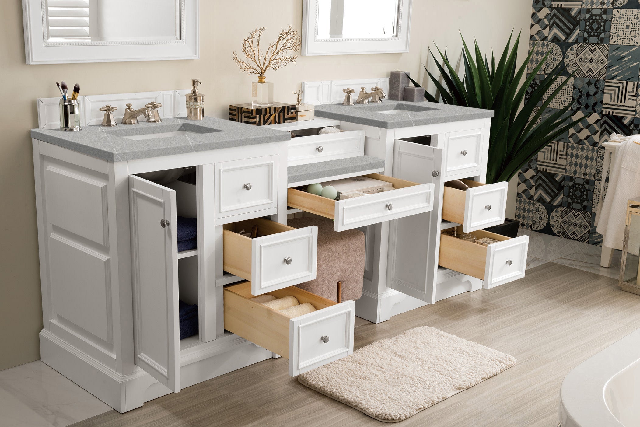De Soto 82 Inch Double Vanity Set with Makeup Table - Bright White Finish & 3CM Eternal Serena Quartz Countertop - Perfect for Master Bathroom & Dressing Room Makeup Organization