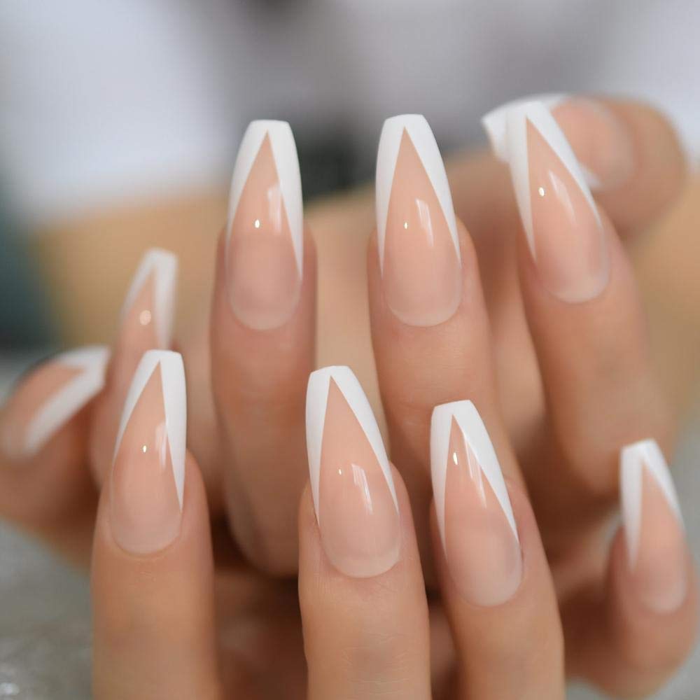 HUIL White French Ballerina Fake Nails - Natural Nude Glossy Coffin False Nail Tips with Free Adhesive Tapes for Salon, Party & Special Occasions | Easy DIY Manicure at Home