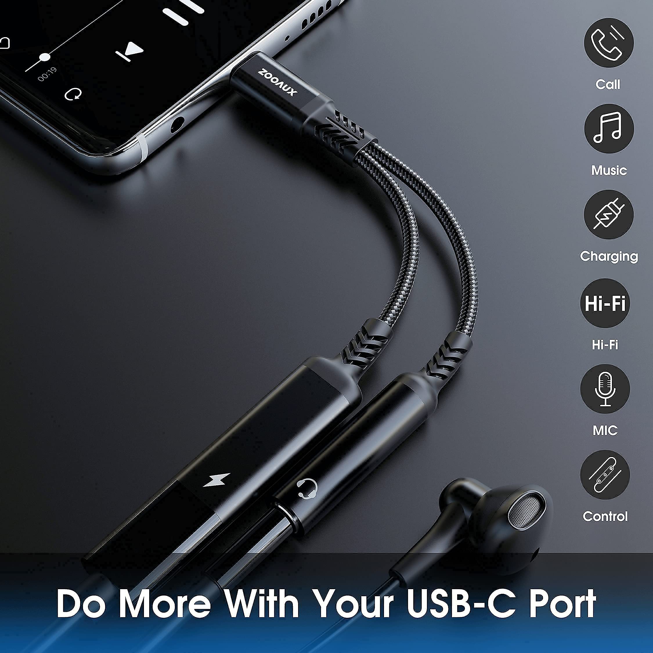 ZOOAUX USB C to 3.5mm Audio Aux Jack Cable 4ft + USB C to 3.5mm Headphone & Charger Adapter Bundle - Compatible with iPhone 15, Samsung Galaxy, Pixel & More - Perfect for Music, Gaming & Hands-Free Calls