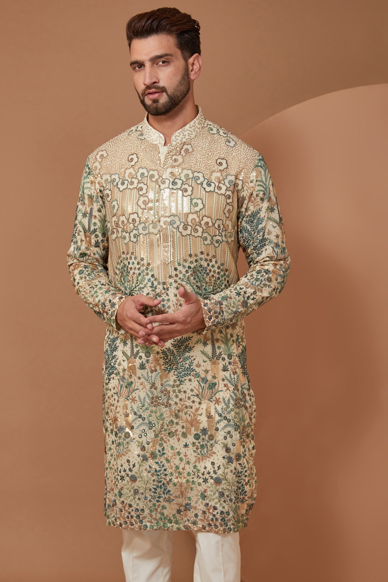 Exquisite Handmade Ivory Floral Kurta with Green & Gold Embroidery - Elegant Indian Ethnic Wear for Weddings & Festivals