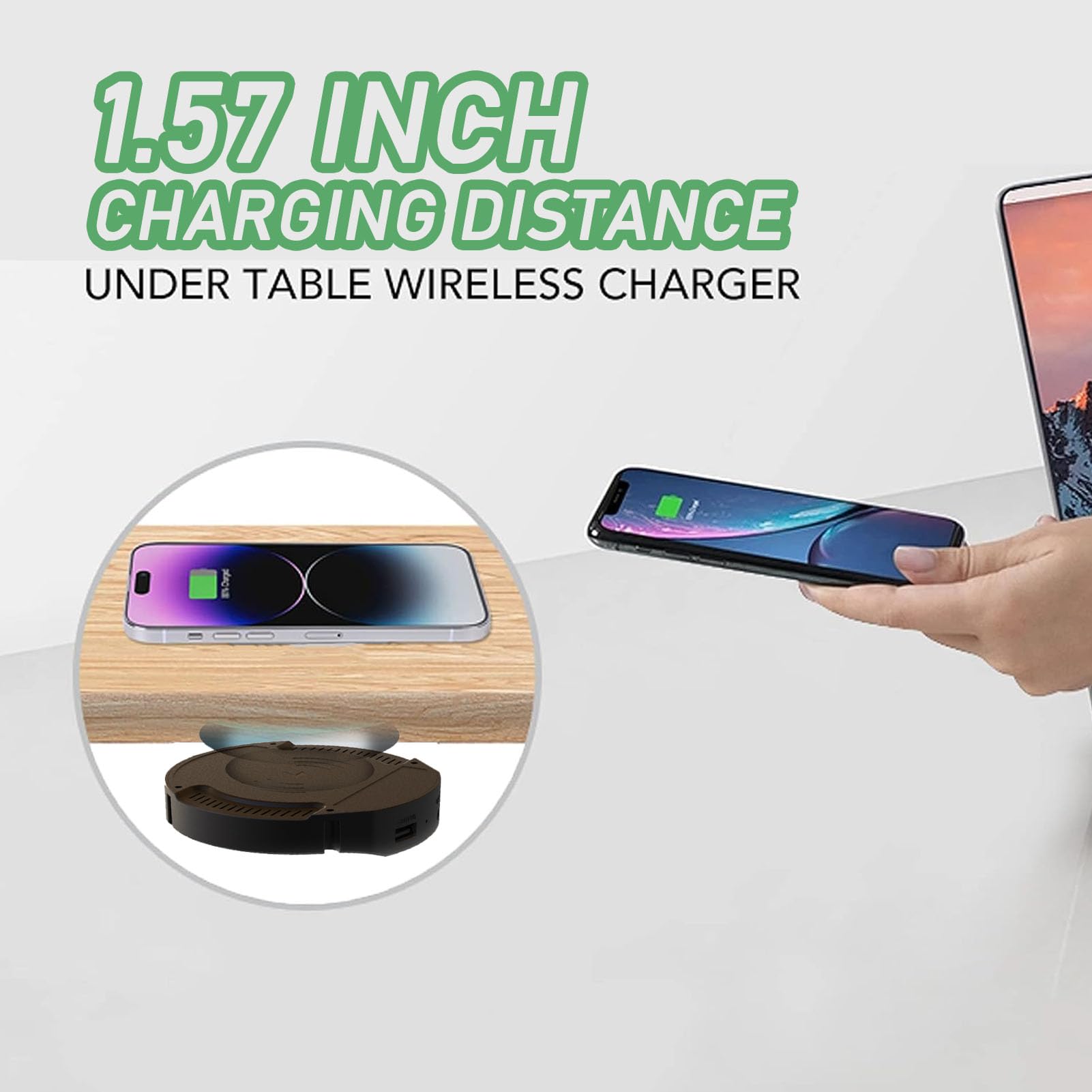 Invisible Under Desk Wireless Charger for iPhone 15/14/13 Pro Max - 15-30mm Thickness, No Sticker Needed (Includes Adapter) - Perfect for Office, Home & Gaming Setup
