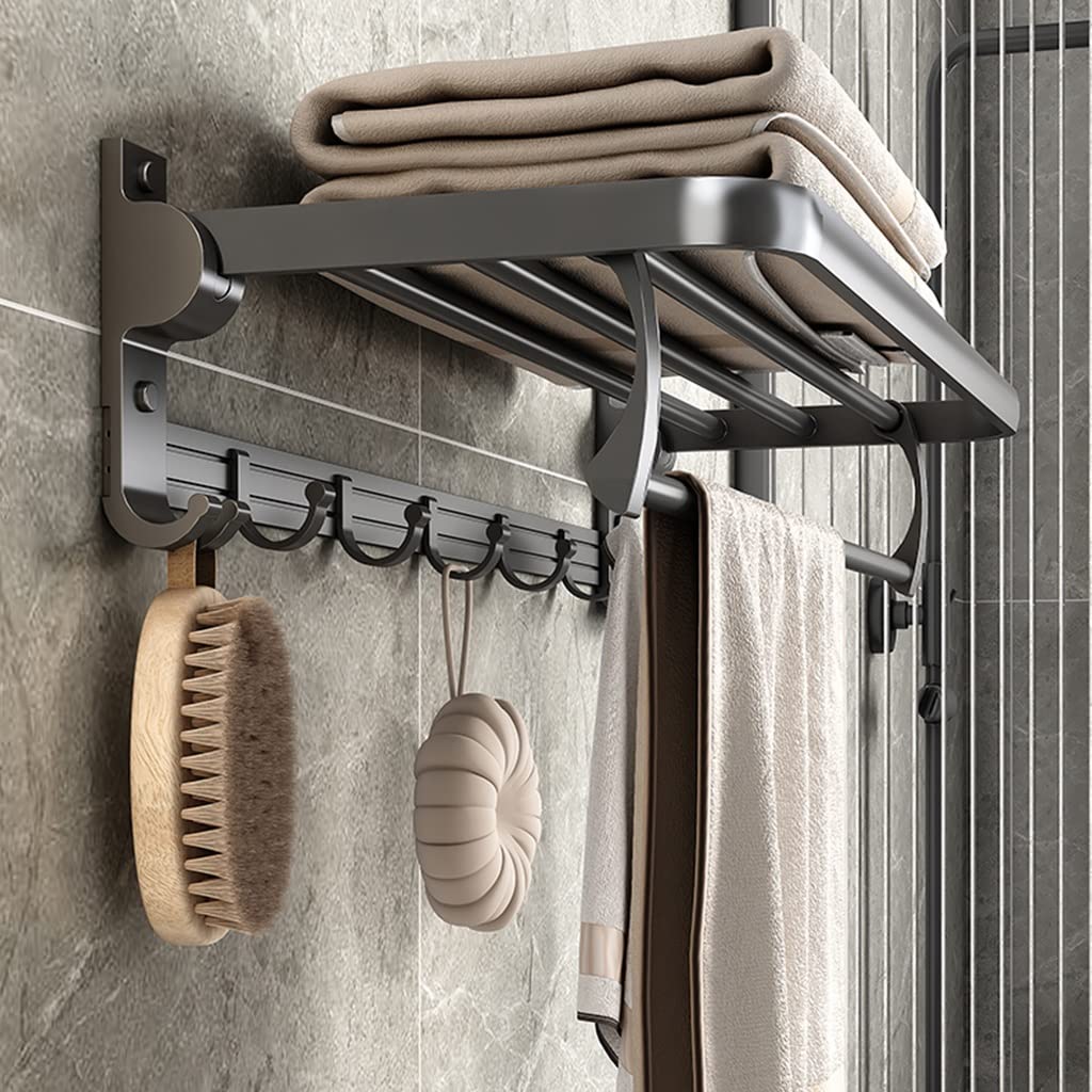 Gray Towel Rack - Wall Mounted Bathroom Towel Holder with Aluminum Shelf (50cm) - Space Saving Storage for Bath Towels, Hand Towels & Robes - Perfect for Small Bathrooms, Apartments & Dorm Rooms