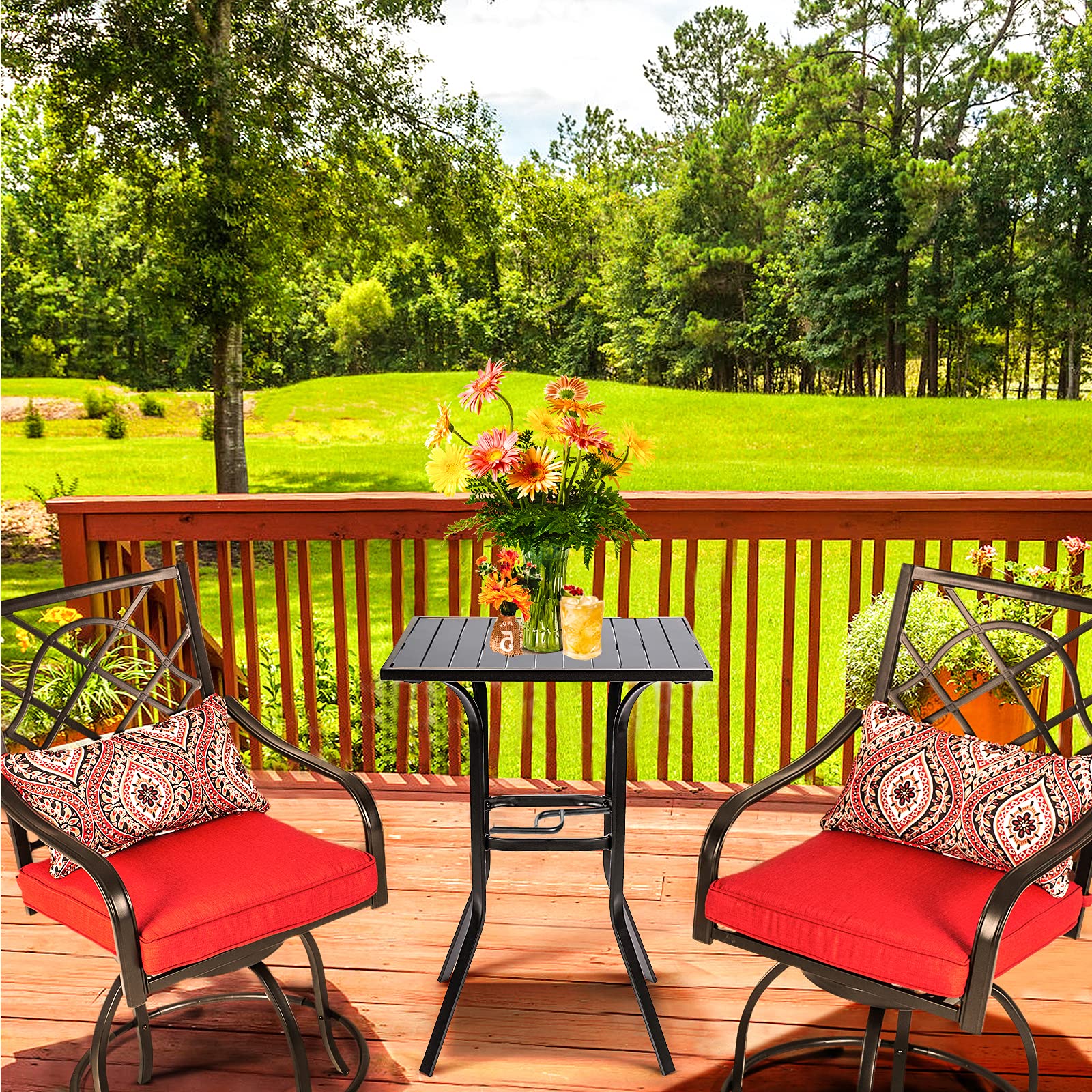 **Oakmont 3-Piece Outdoor Patio Bar Set - 2 Swivel Cushioned Chairs & 1 Bistro Table - Black Steel Slat Design - Perfect for Backyard, Garden, Poolside & Balcony**