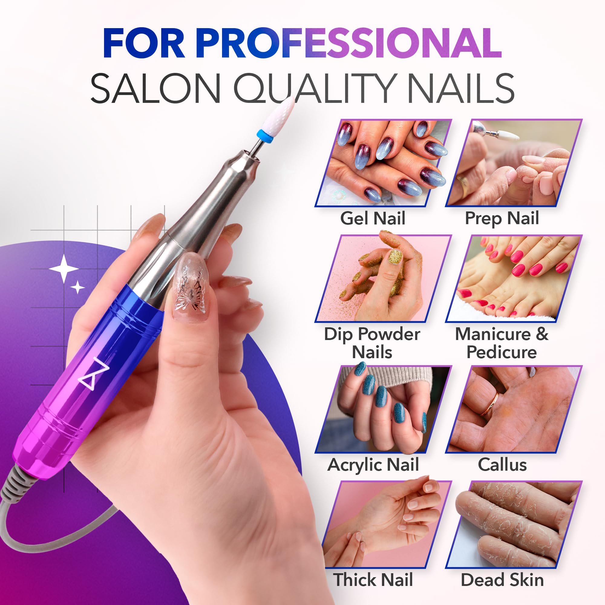 Professional Nail Drill Machine - Coreless 2-in-1 Electric Nail File, Cordless 35000 RPM with HD Display - Perfect for Salon & Home Manicures - Unicorn Pink & Blue Design