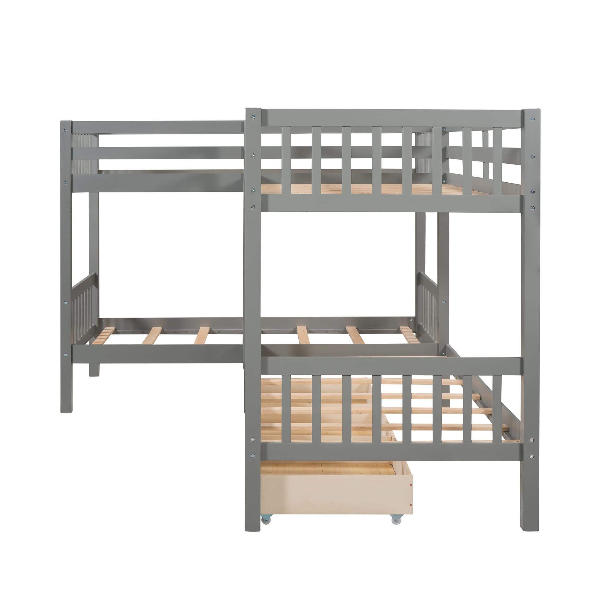 Harper & Bright Designs Twin Over Twin L-Shaped Bunk Bed for Kids - 4 Bed Frame with Storage Drawers & Safety Guardrails (Grey) - Perfect for Small Bedrooms, Shared Kids Rooms & Space-Saving Solutions