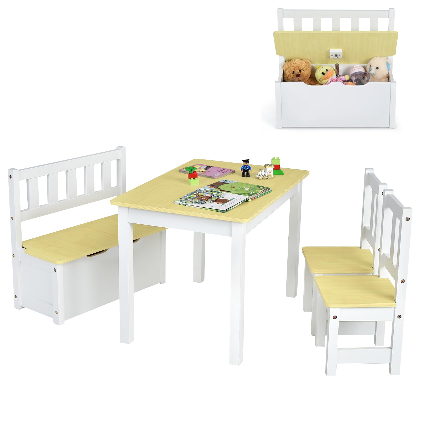 Costzon Kids Wooden Activity Table & Chair Set with Storage Bench - 2 Chairs for Toddlers, Children's Reading, Arts & Crafts, Snack Time, Homework, Playroom Furniture (Natural Wood) - Perfect for Preschool Learning, Playdates & Creative Play Spaces