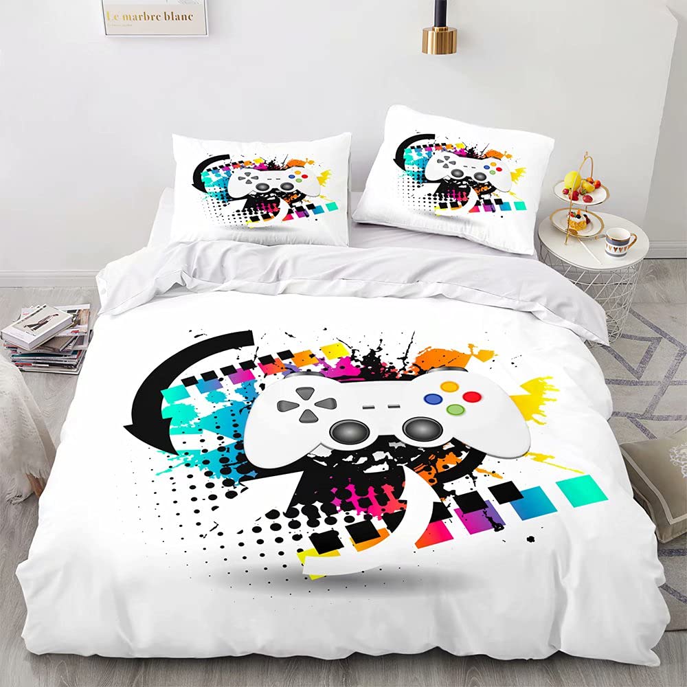 Boys Game Controller Duvet Cover Twin Size - Retro Video Game Bedding Set for Kids & Teens - Classic White Gaming Quilt Cover with Controller Buttons - Perfect for Game Room Decor & Teen Bedroom