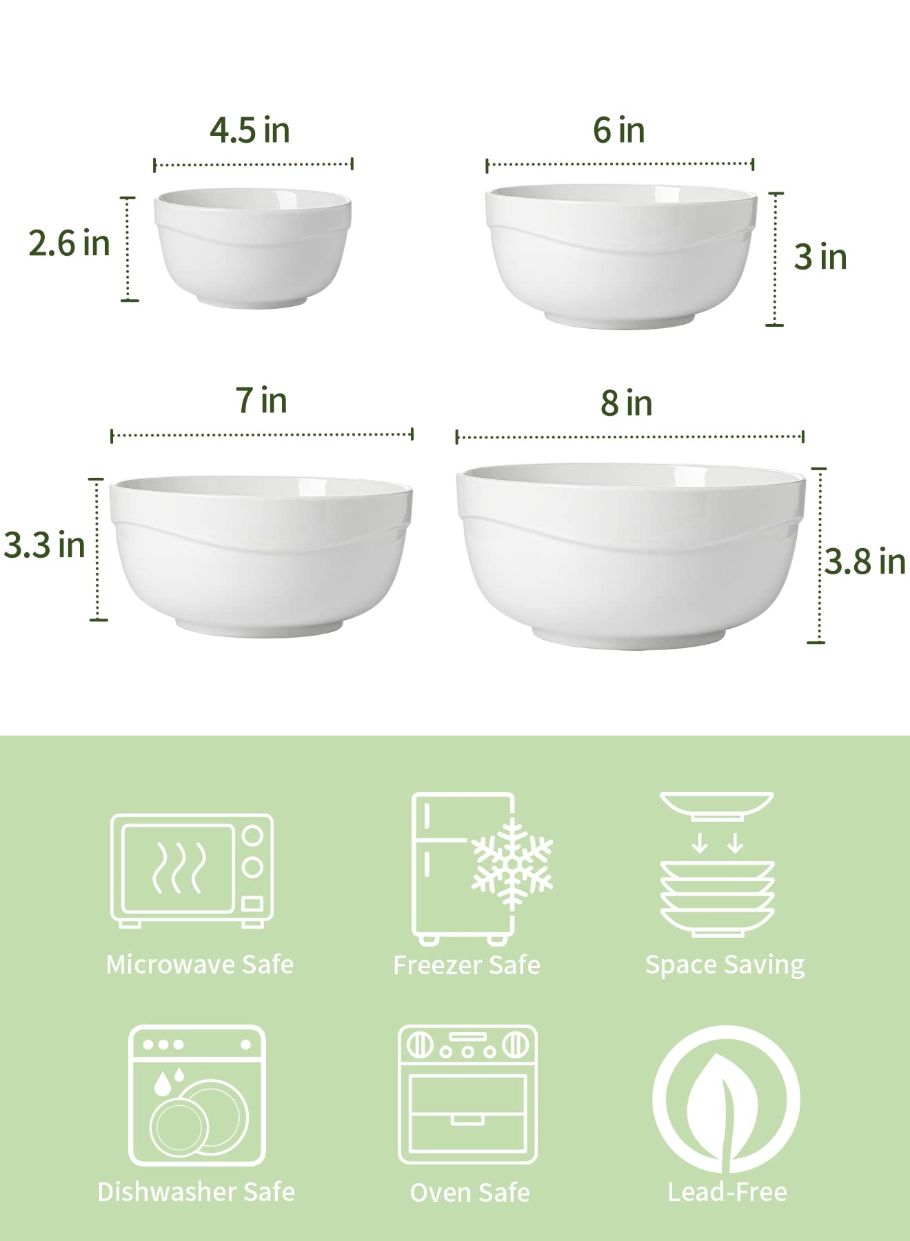 Onniyor 4-Piece Ceramic Mixing Bowls Set - 10, 25, 40 & 60 oz Thick Rimmed Non-Slip Kitchen Prep Bowls for Baking, Cooking, Serving & Food Storage - White