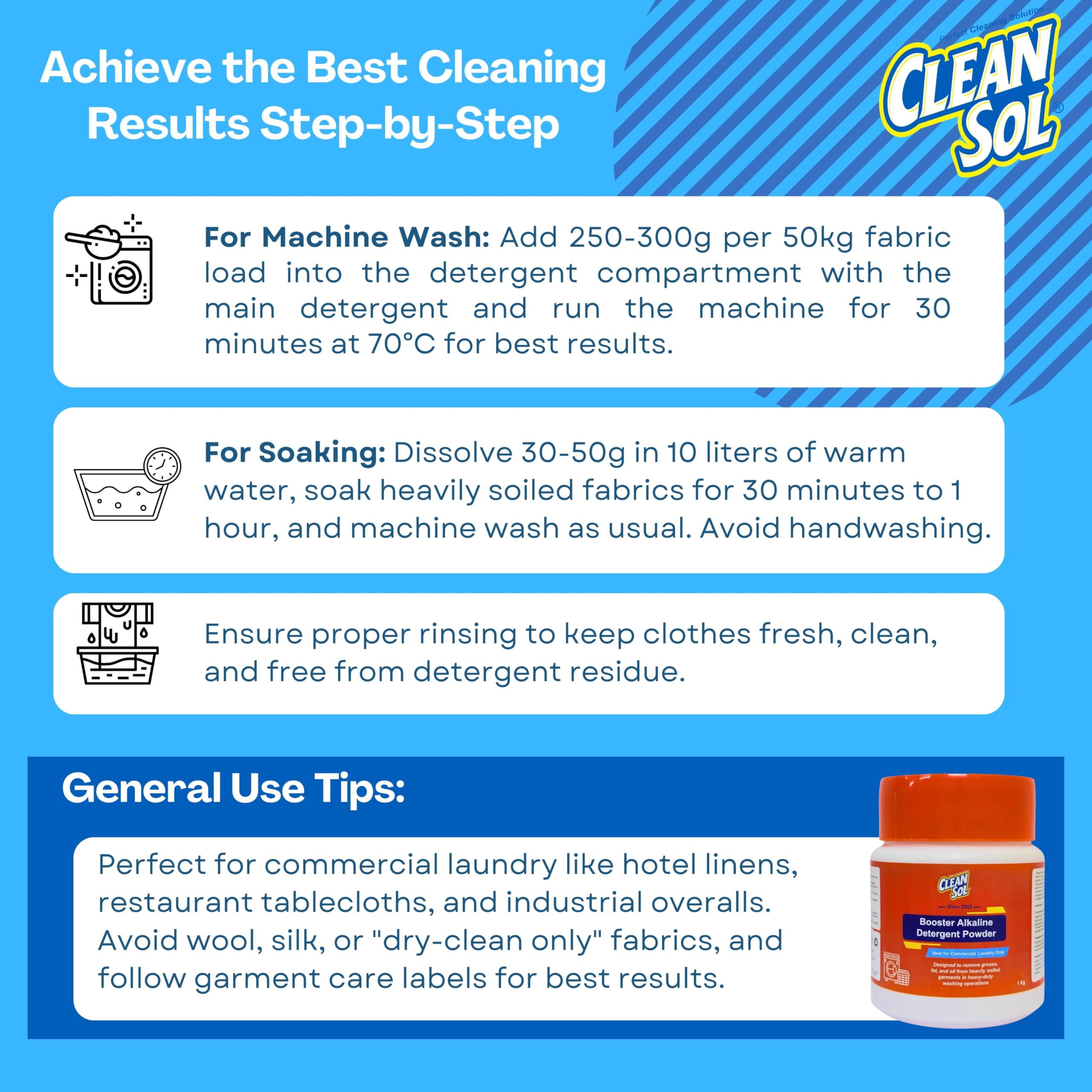 Cleansol Laundry Booster Detergent Powder - Heavy Duty Commercial Fabric Cleaner for Tough Stains & Deep Cleaning - 1Kg - Perfect for Hotels, Restaurants, and Healthcare Facilities