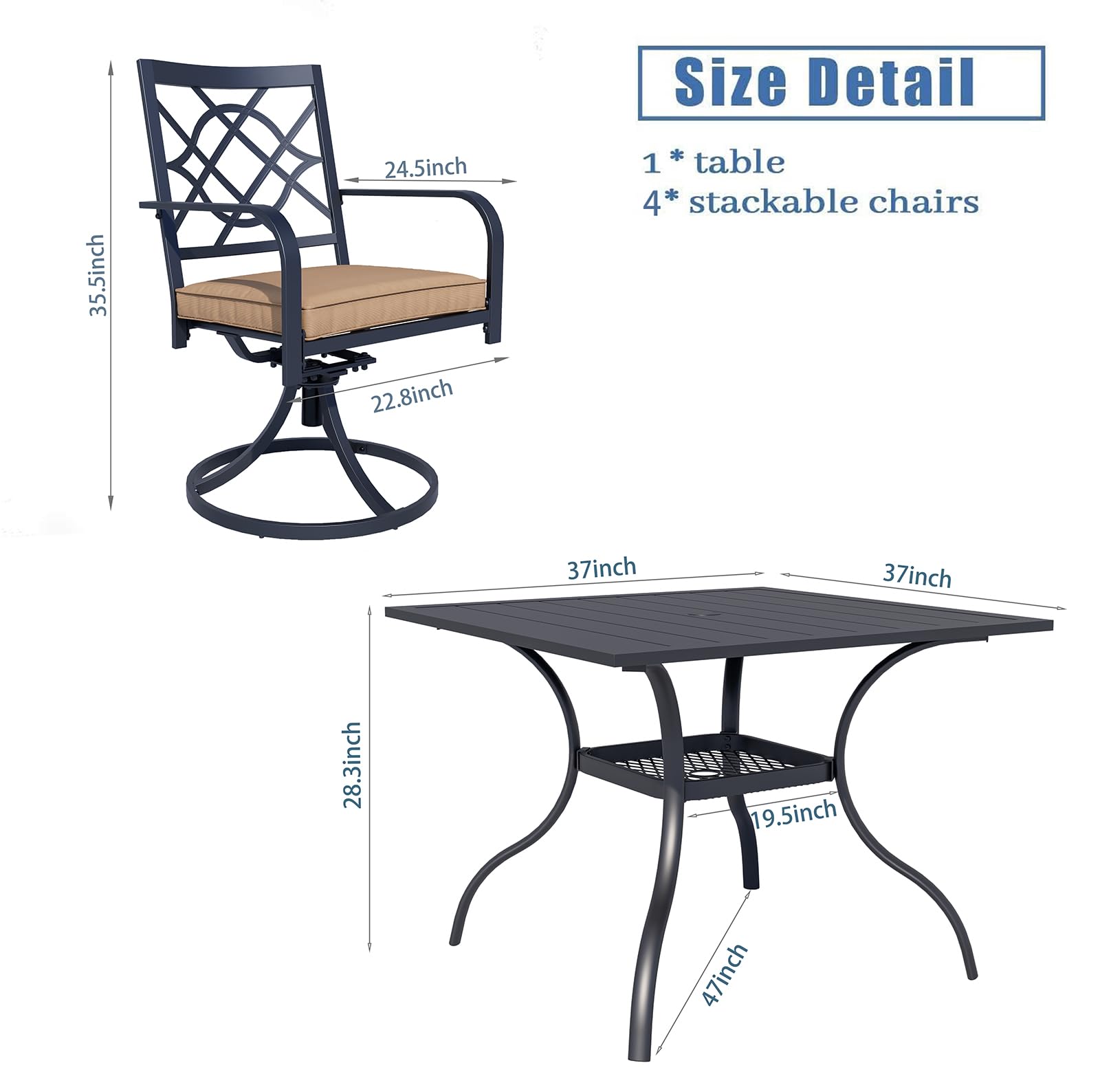 Oakcloud 5-Piece Metal Outdoor Patio Dining Set - 4 Swivel Chairs & Square Table with Umbrella Hole - Perfect for Backyard, Garden, Poolside & Outdoor Entertaining