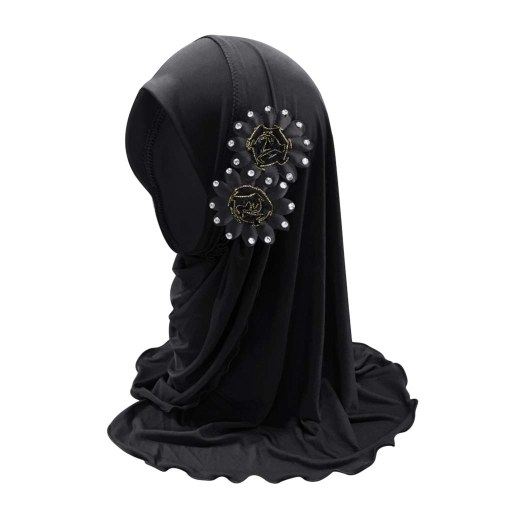 Girls Muslim Hijab Floral Lace Head Scarf - Kids Islamic Arab Shawl Head Wrap with Flowers - Perfect for School, Prayer & Special Occasions