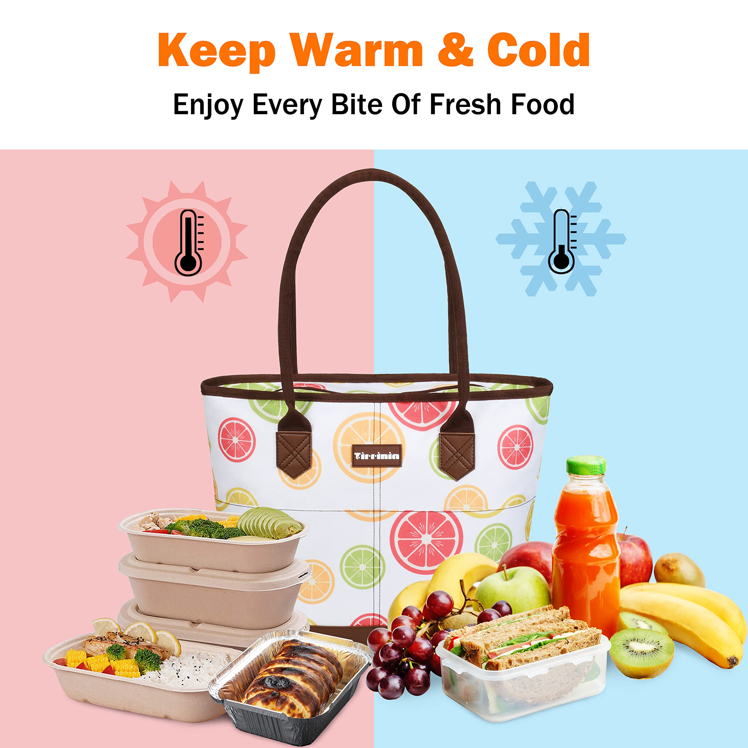 Tirrinia Insulated Lunch Cooler Bag for Women - Waterproof Large Lunch Box with Front Pockets - Yellow Lemon - Perfect for Work, School, Picnics & Outdoor Activities