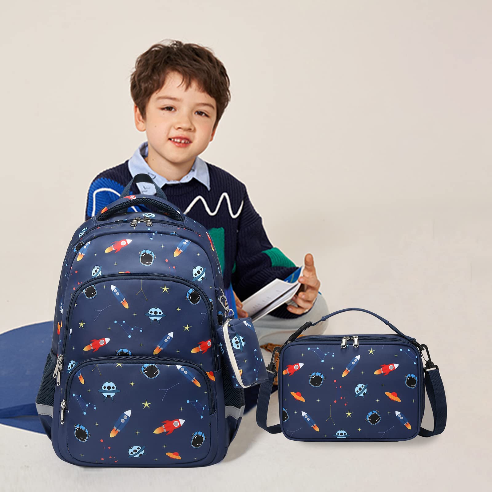 Durable School Backpack for Boys - Kids Bookbag with Insulated Lunch Bag & Coin Pouch - Black Dinosaur Design - Perfect for Elementary Students, Day Trips & Outdoor Adventures
