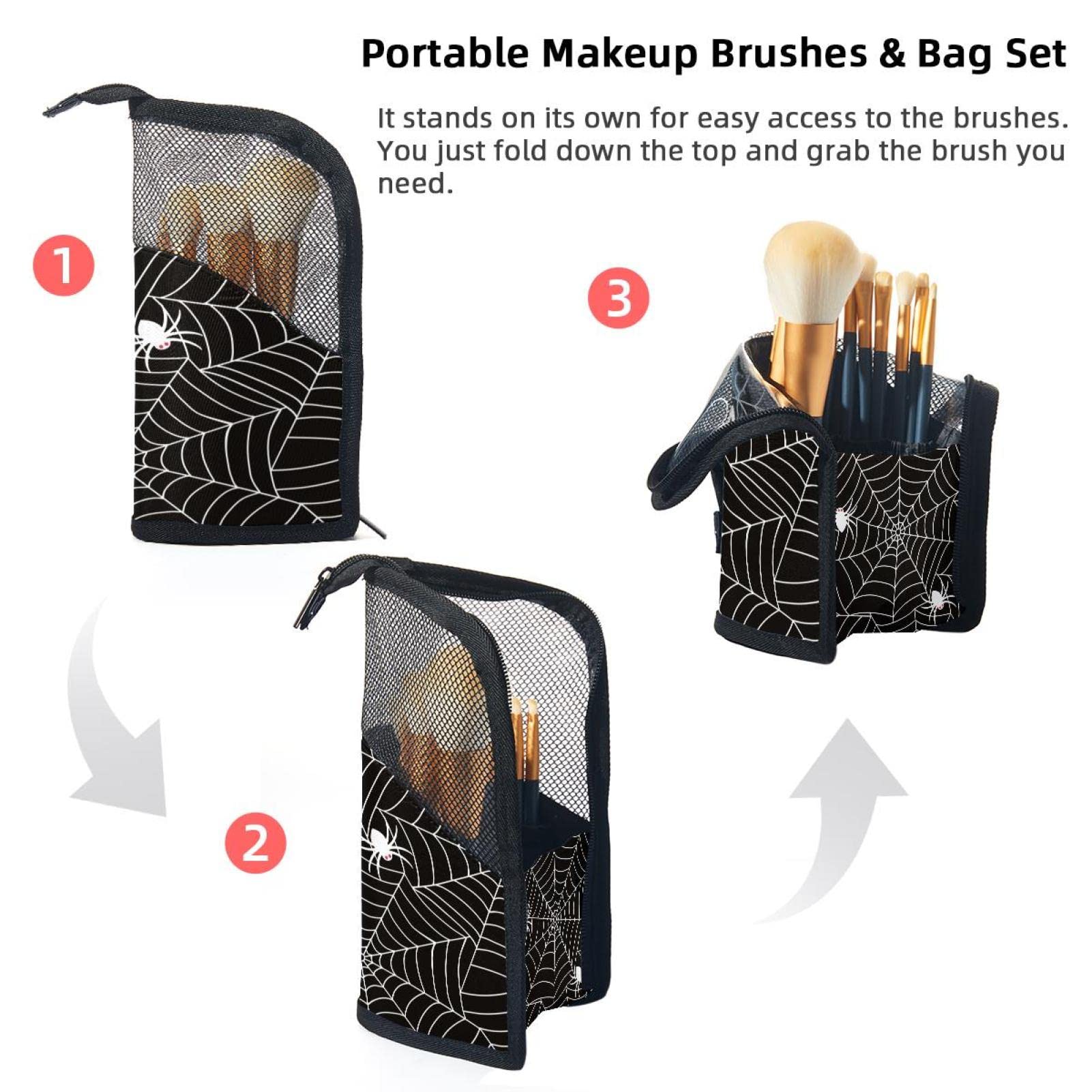 12-Piece Makeup Brush Organizer Bag with Halloween Spider Web Design - Portable Travel Cosmetic Brush Holder Case for Professional Artists & Halloween Makeup
