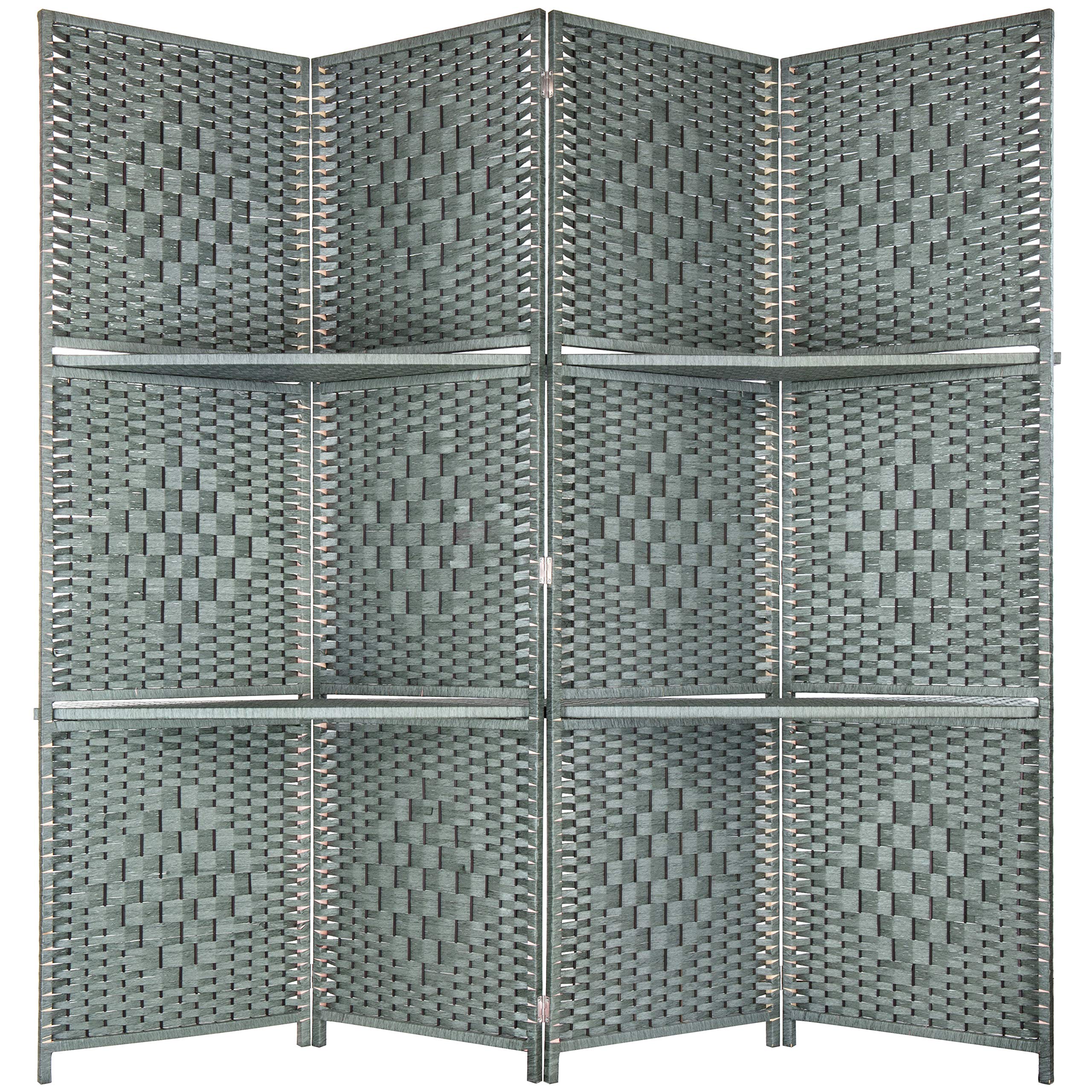 MyGift 6-Foot Gray Bamboo Woven 4-Panel Room Divider with 2 Shelves - Stylish Space Separator for Home Office, Living Room & Bedroom Privacy