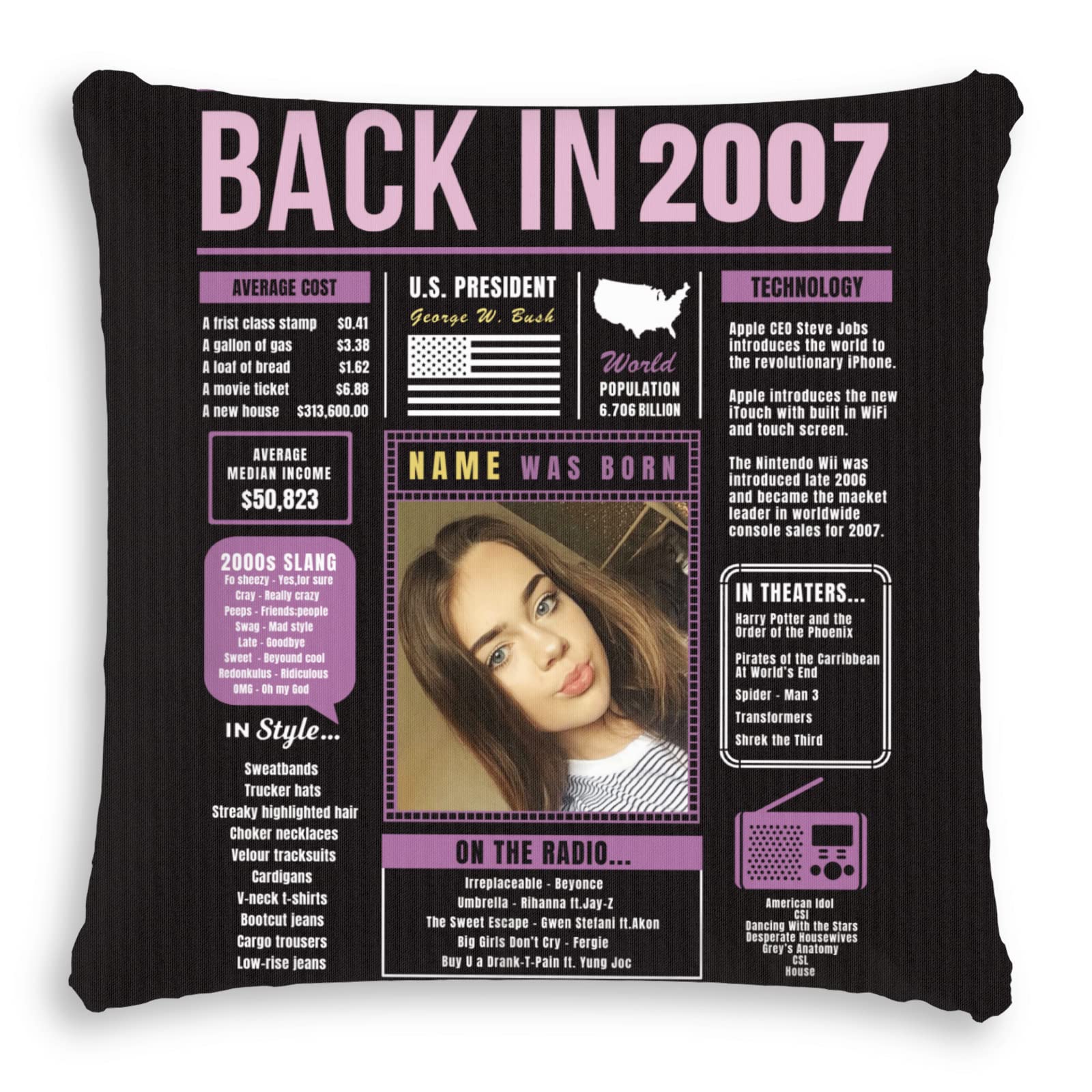 17th Birthday Throw Pillow - Custom Purple Sofa Pillow for Girls & Boys, Super Soft 2007 Birthday Decorations - Perfect for Birthday Party Decor, Home Decor & Gift for Men, Women, Teens