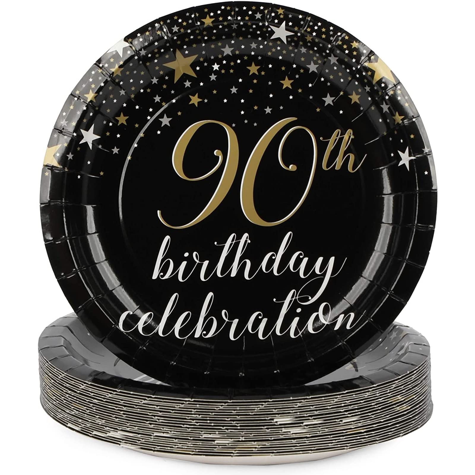 Sparkle and Bash 90th Birthday Party Supplies Kit - 24-Person Black & Gold Decor Set with Plates, Napkins, Cups, Tablecloths & Banner | Perfect for Milestone Celebrations, Retirement Parties & Golden Anniversary Decorations