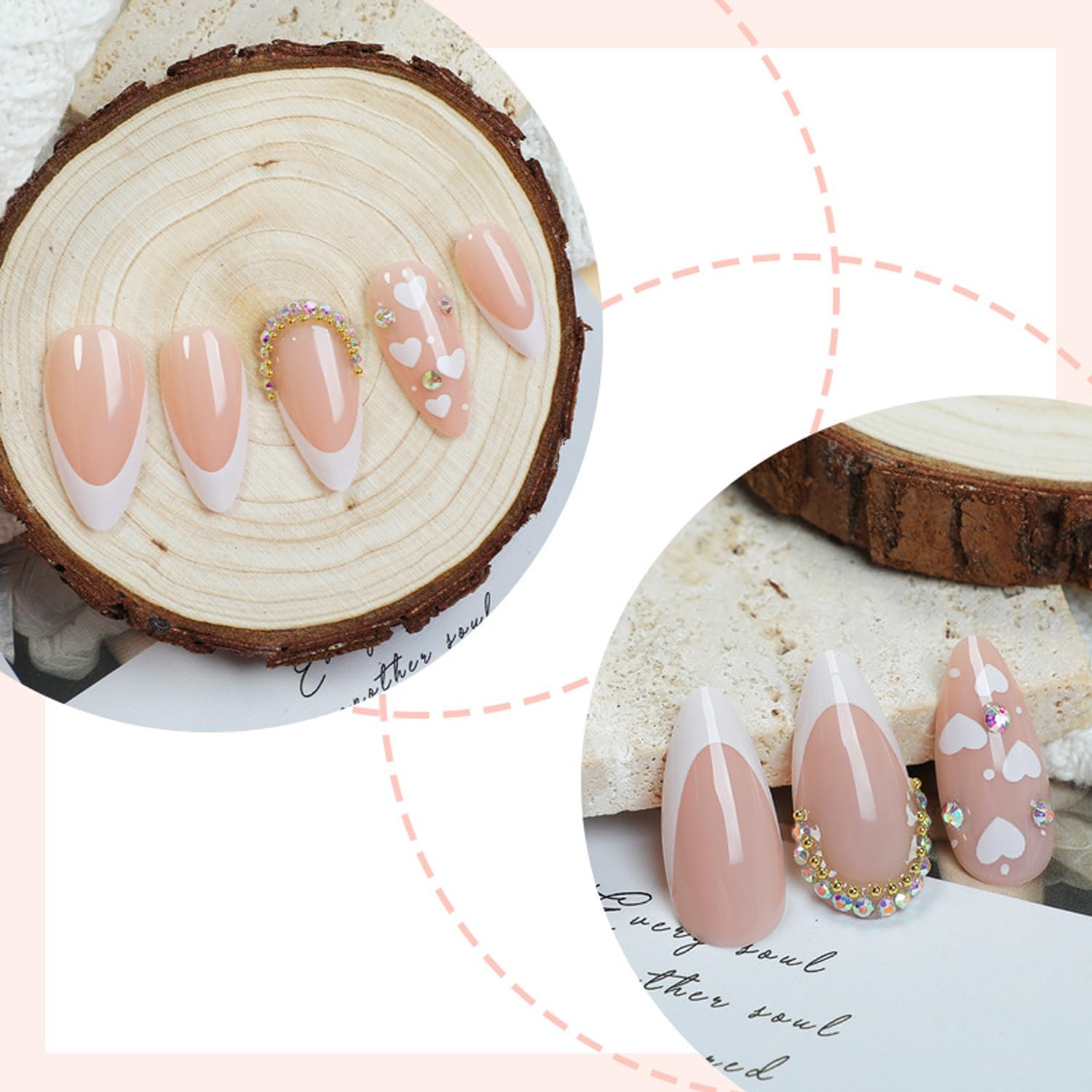 24Pcs Valentine's Day Press on Nails - White French Love Design Glossy Almond Glitter Heart Fake Nails | Full Cover Stick on Acrylic Nails with Sparkly Manicure Art | Perfect for Date Night, Bridal Shower & Romantic Occasions
