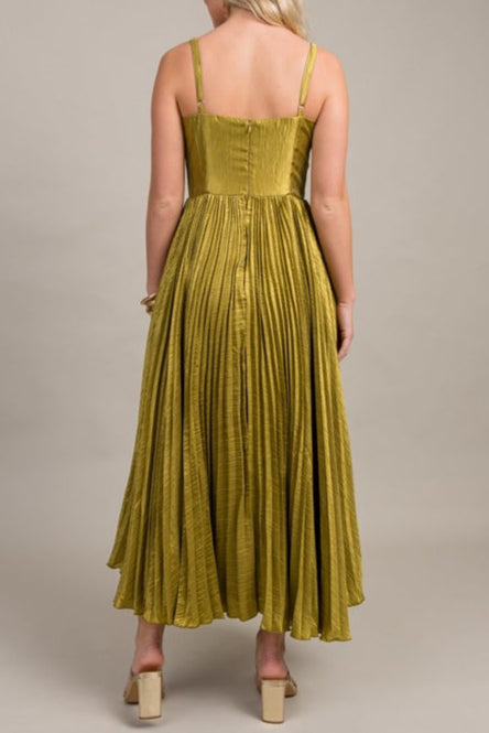 Elegant Chartreuse Satin Pleated Midi Dress for Women - Perfect for Cocktail Parties, Weddings & Special Occasions