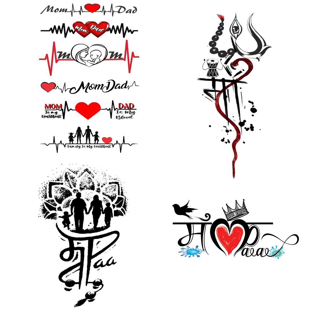 Pack of 4 Temporary Tattoo Stickers - Maa Trishul with Heart Design for Men & Women (2x4 Inch) | Spiritual Body Art for Festivals, Parties & Cultural Events