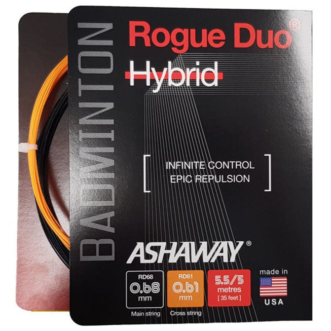 Ashaway Rogue Duo Hybrid Badminton String (Black/Orange) - High Performance Badminton Racket String for Competitive Play & Training