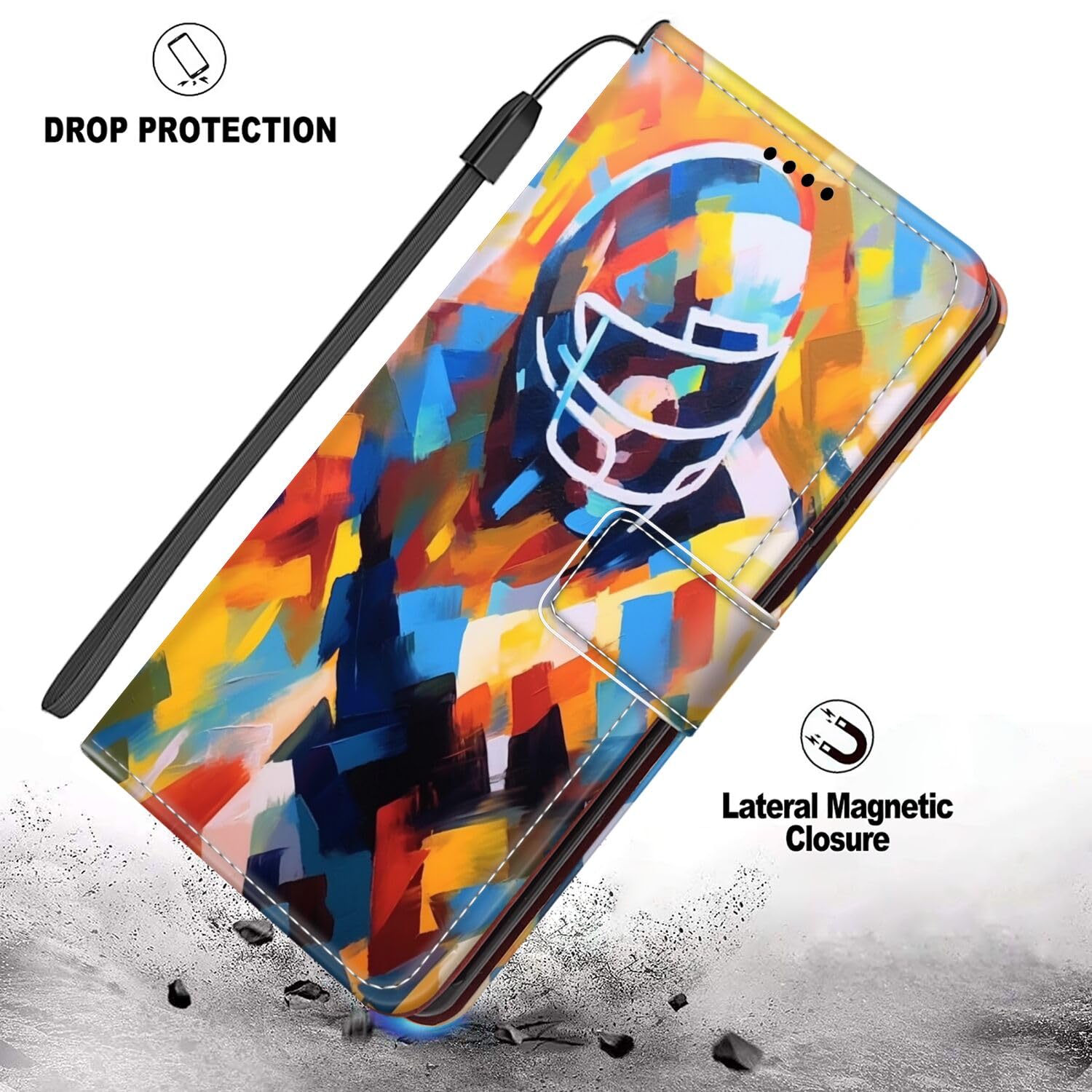 KOLHUBI PU Leather Wallet Case for Moto G8 Power Lite - Magnetic Stand with Card Holder & Shockproof Wrist Strap - American Football Rugby Art Design - Perfect for Daily Use, Travel, and Hands-Free Viewing
