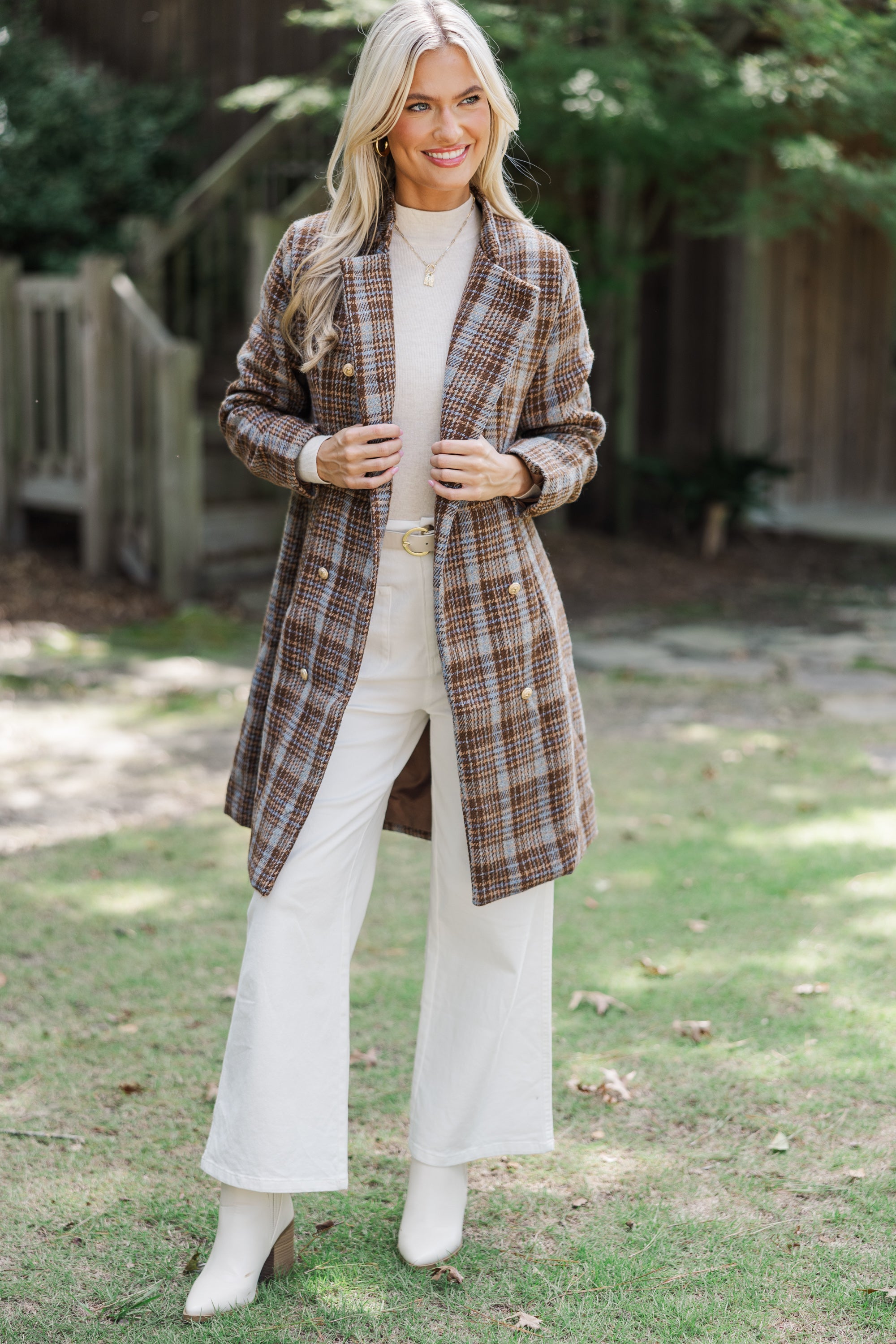 Stylish Brown Plaid Coat for Women - Trendy Fall & Winter Outerwear - Perfect for City Streets, Office & Casual Outings