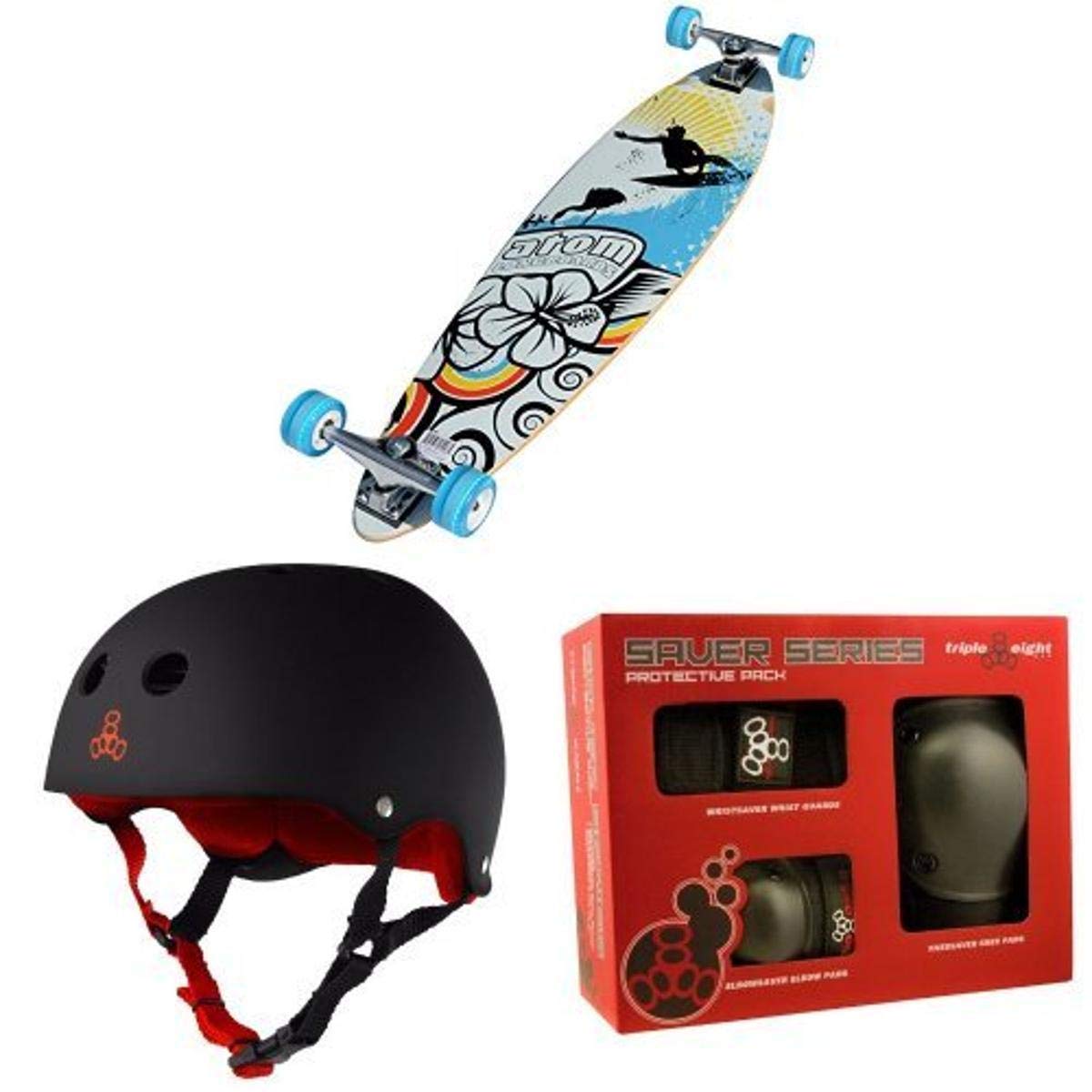 Atom Pintail Longboard Complete Skateboard with Triple 8 Certified Helmet & Protective Pads Set - Perfect for Cruising, Commuting & Downhill Riding