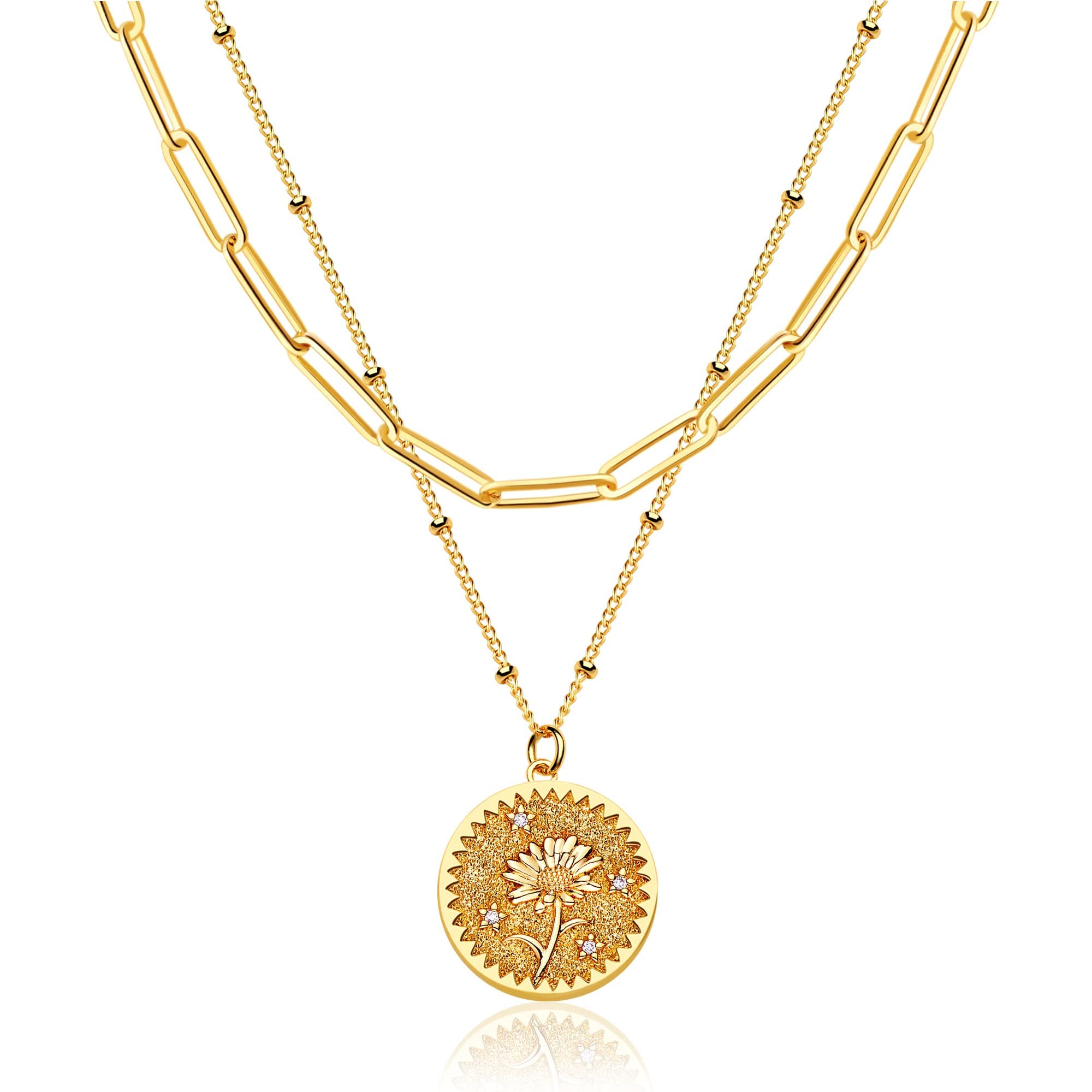 18K Gold Plated Custom Birth Flower Necklace for Women - Personalized Double Layered Engraved Floral Pendant with Dainty Birth Month Flower Disc - Perfect for Mother's Day, Anniversary Gifts & Everyday Elegant Jewelry