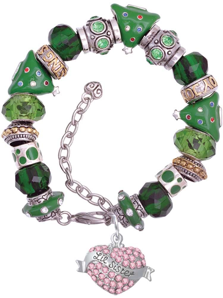 Delight Jewelry Silver-Tone Lil Sister Banner Crystal Heart Green Christmas Bead Bracelet - 7