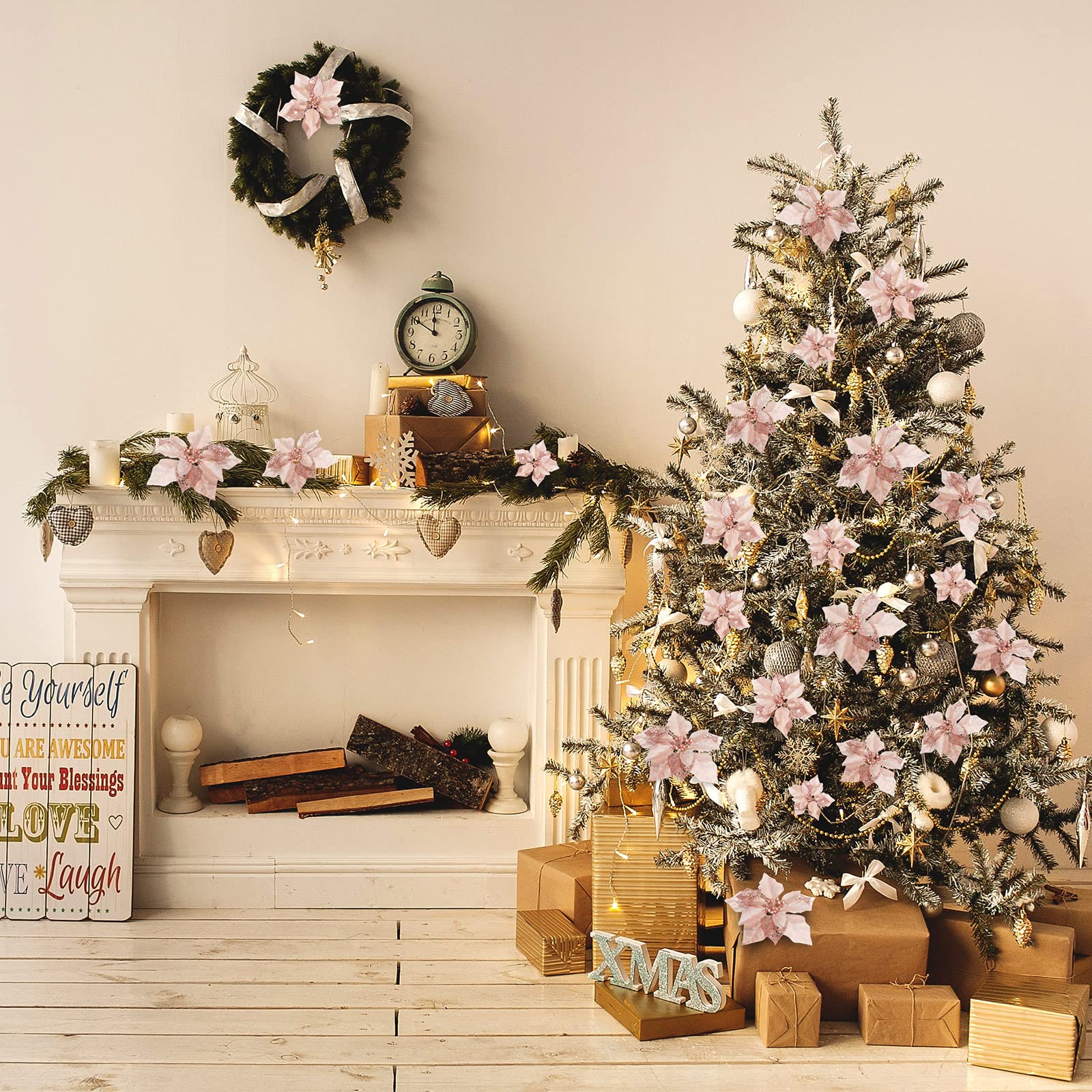 24-Piece Christmas Artificial Glitter Poinsettia Flowers Set - Rose Gold Xmas Decorations for Tree, Wedding, Party & New Year Ornaments - Perfect for Holiday Home Decor and Festive Celebrations