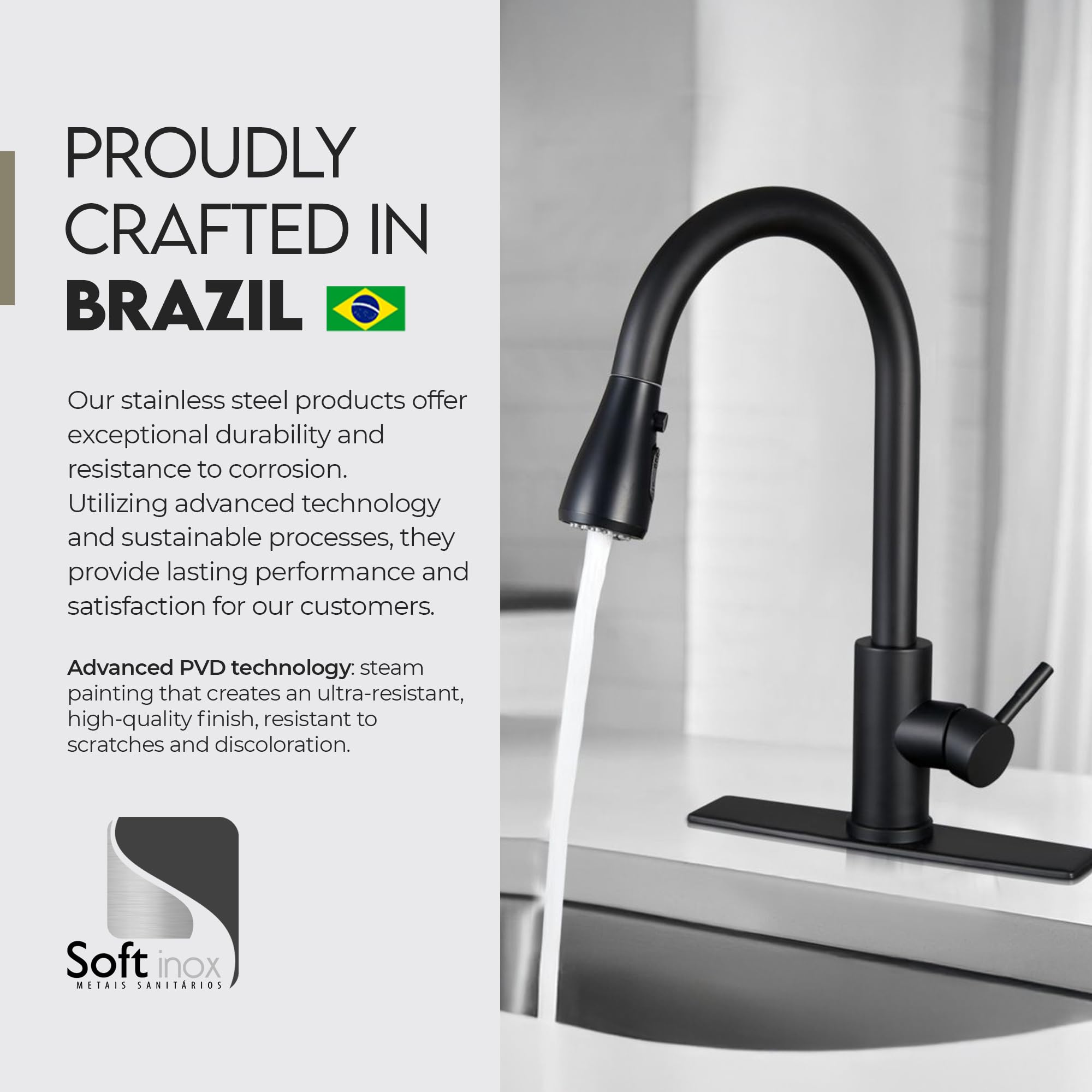 SOFTINOX High Arc Single Handle Pull Down Sprayer Kitchen Faucet - RV Stainless Steel Modern Design with Flexible Hose - Black Finish for Stylish Kitchen Upgrades