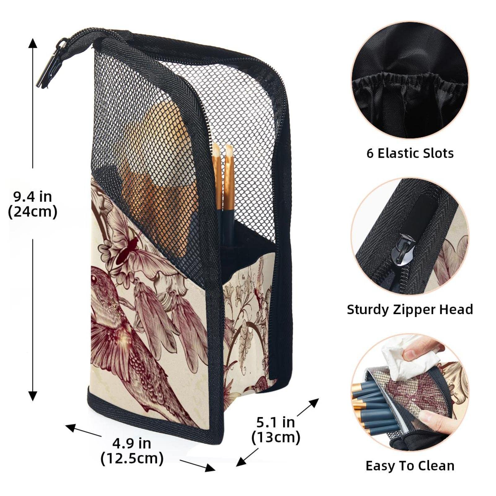 12-Piece Makeup Brush Organizer Bag with Retro Floral Hummingbird Design - Portable Cosmetic Brush Holder Case for Travel & Home Storage