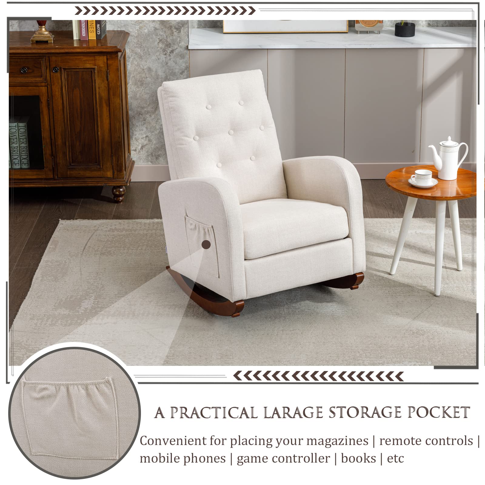 Comfy Padded Rocking Chair with Storage Pocket - High Back Solid Wood Nursery Rocker, Modern Accent Armchair for Living Room & Baby Nursery (Beige with Button Decor) - Perfect for Nursing, Reading & Relaxing