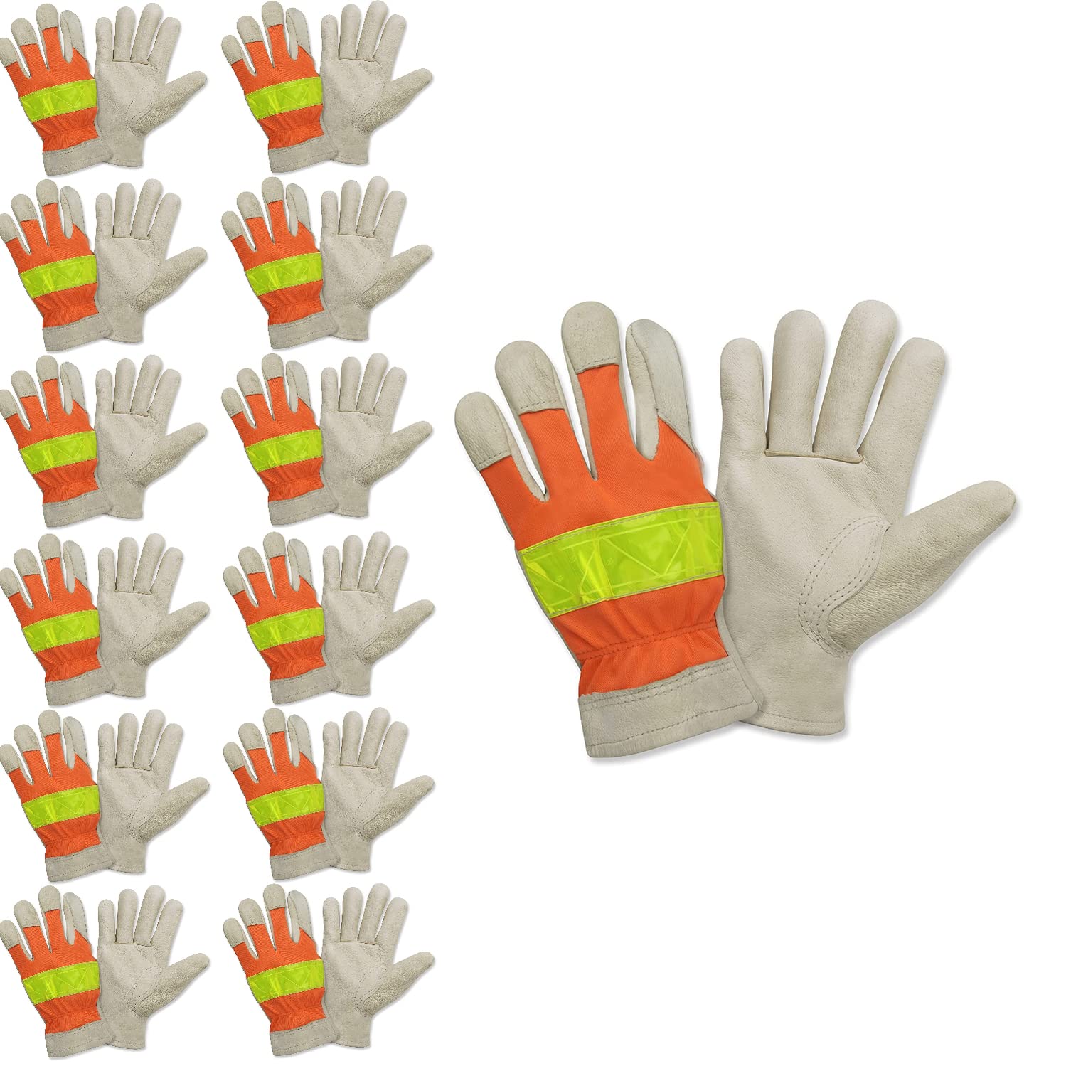 Premium Grain Pigskin Driver Gloves - Cordova F8821S, Unlined, Hi-Vis Orange Back with Lime Reflective Tape, Keystone Thumb, Small (12-Pack) – Ideal for Trucking, Construction & Nighttime Safety Work