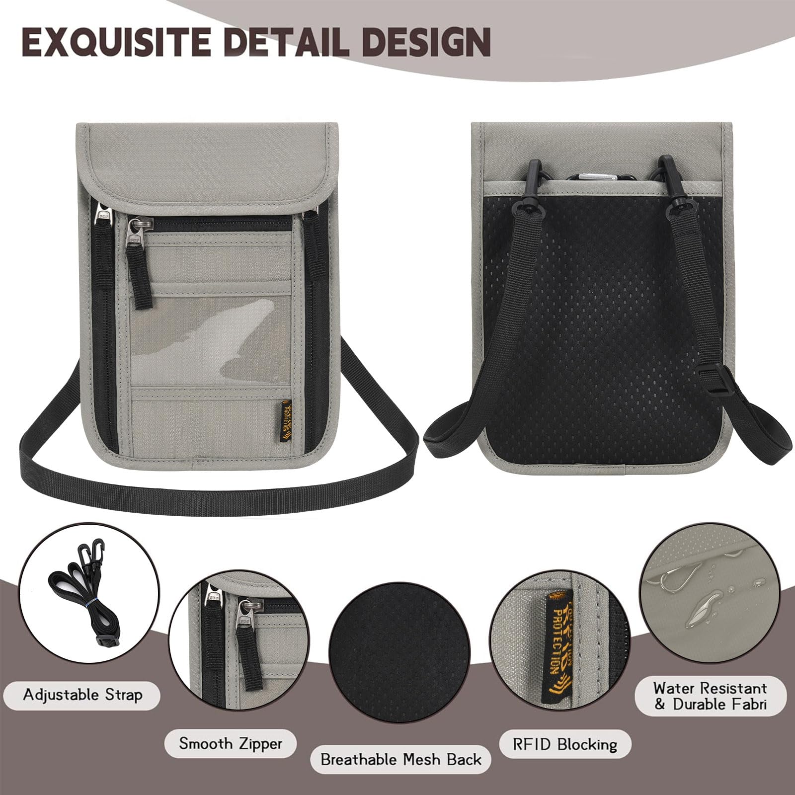 RFID Blocking Travel Neck Pouch - Passport Holder & Wallet Organizer for Family Vacations (Light Grey) | Secure Storage for Passports, Cards & Cash During Air Travel, Sightseeing & Outdoor Adventures