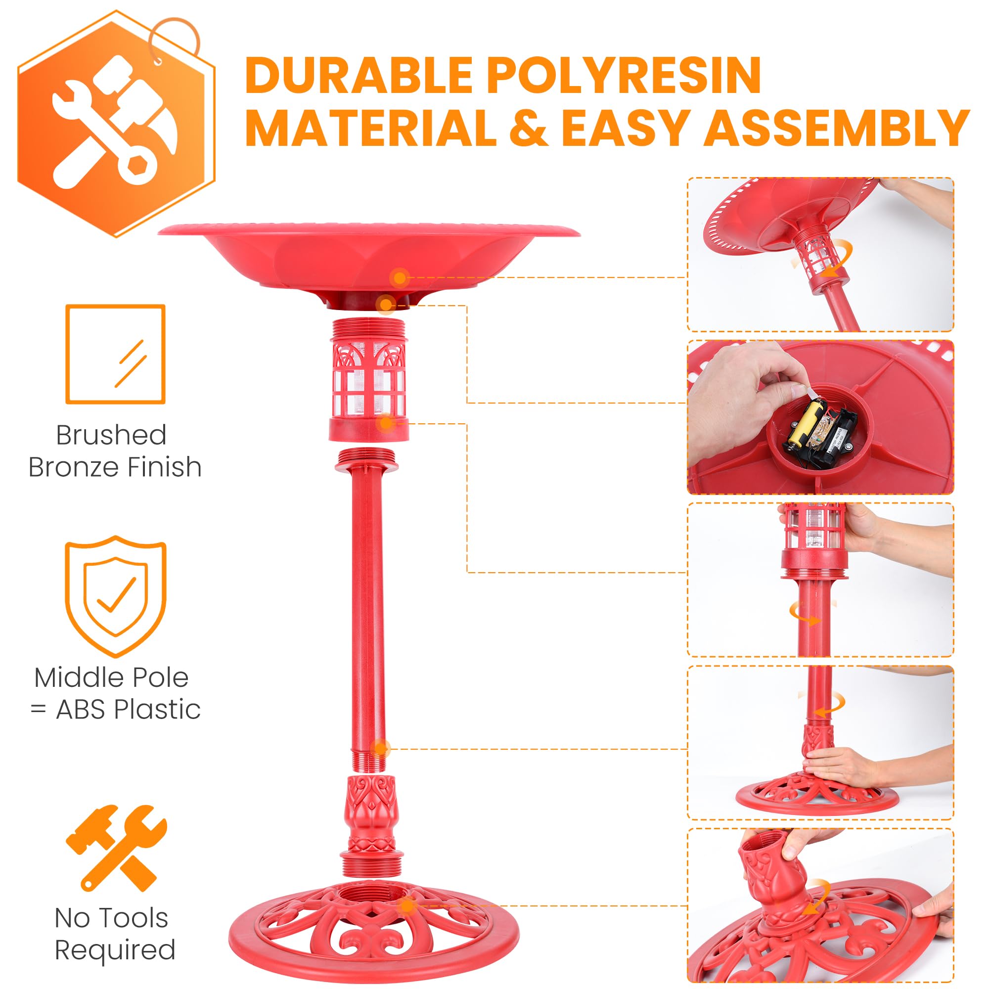 Sun-Ray 811011 Solar Powered Red LED Bird Bath for Garden - Attracts Birds with Solar Light for Outdoor Decoration