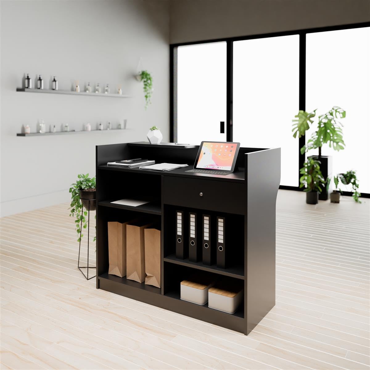 Adjustable Free-Standing Black Melamine Register Stand with Pull-Out Drawer & Check Writing Area - Perfect for Retail Stores, Restaurants, and Office Cashier Counters