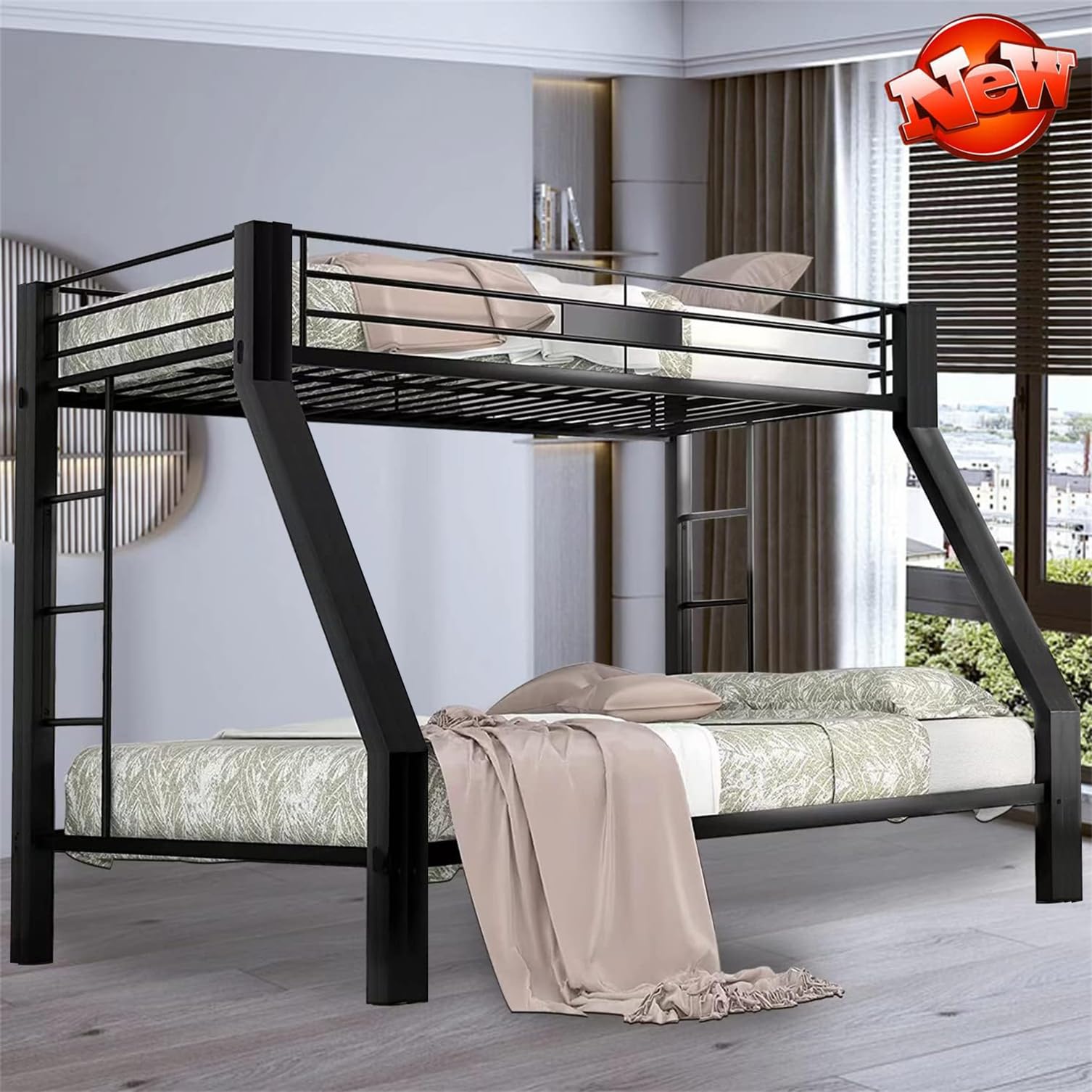 Upgraded Heavy Duty Metal Queen Bunk Bed Frame - Sturdy Steel Construction with Safety Guardrails & Ladder for Kids, Teens & Adults - Easy Assembly (Twin XL over Queen) - Perfect for Dorms, Guest Rooms & Space-Saving Bedroom Solutions