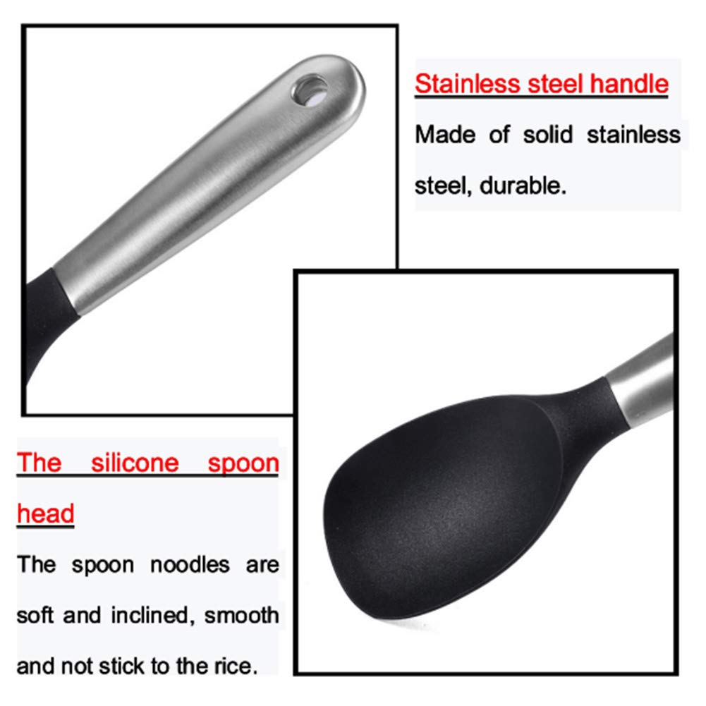 AKOAK Stainless Steel Silicone Rice Spoon - Non-Stick, Durable & Eco-Friendly Kitchen Utensil for Cooking Rice, Mashed Potatoes, Stirring & Serving - Perfect for Everyday Meals & Family Dining (Black, 1 Pack)