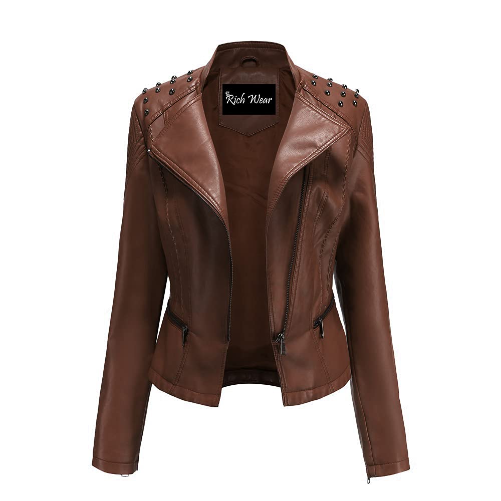 Women's Faux Leather Moto Jacket with Zippers - Stylish Spring Long Sleeve Biker Jacket for Women | Perfect for Casual Outings, Nightlife & Fashion Streetwear